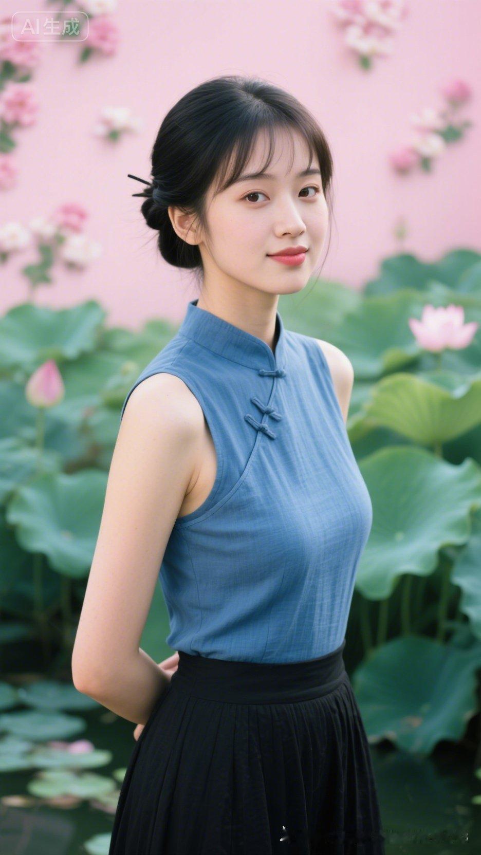 少女梳温婉盘发搭配柔润刘海，黄金身段曼妙动人，嘟嘴浅笑清甜灵动。蓝色斜襟无袖上衣