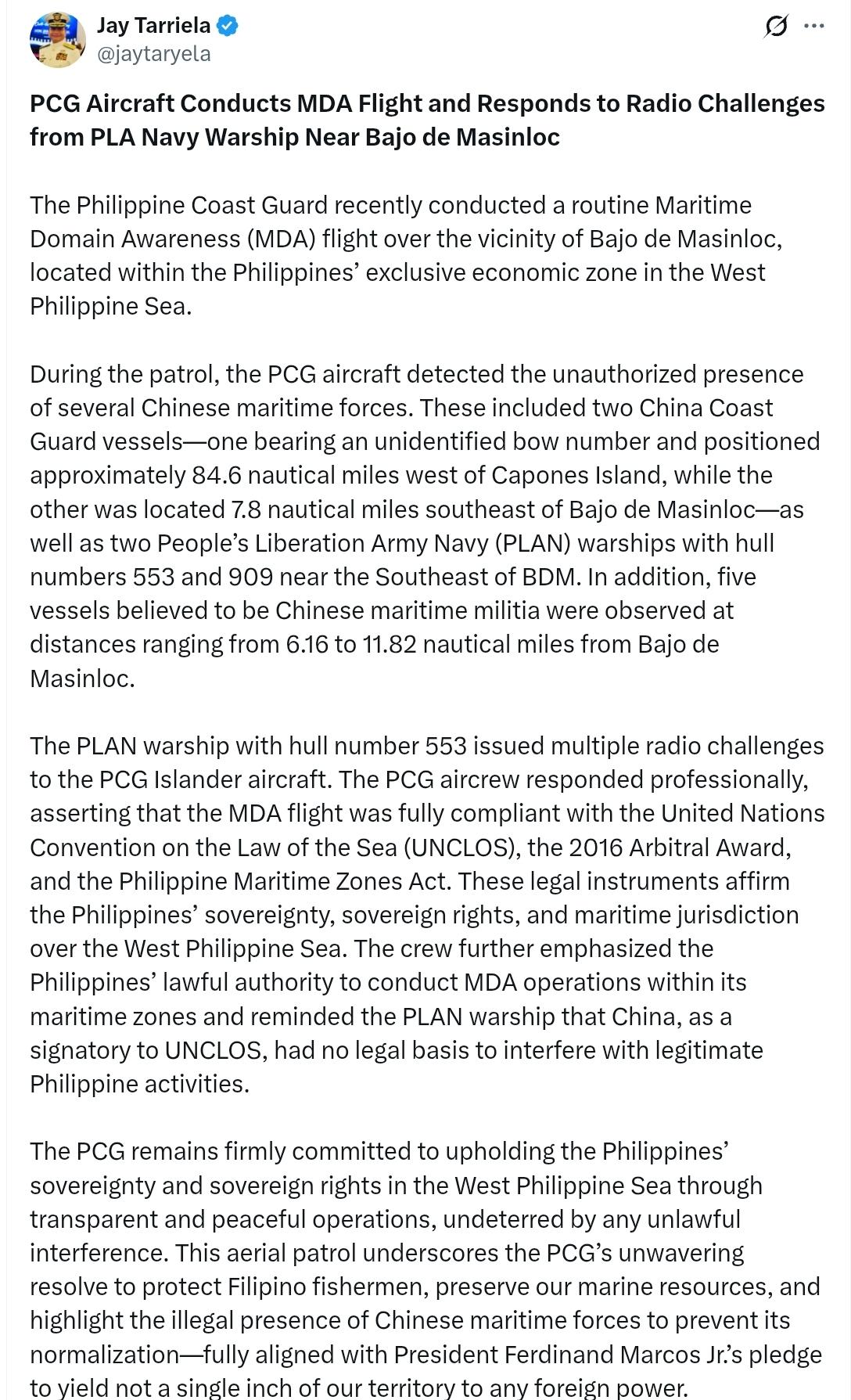 菲律宾海岸警卫队高级军官杰伊·塔里埃拉：菲律宾海岸警卫队（PCG）近日在西菲律宾