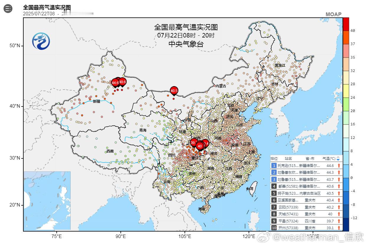 【高温】今天新疆内蒙古重庆部分站点最高气温达到40℃以上。今天有5个省会直辖市出