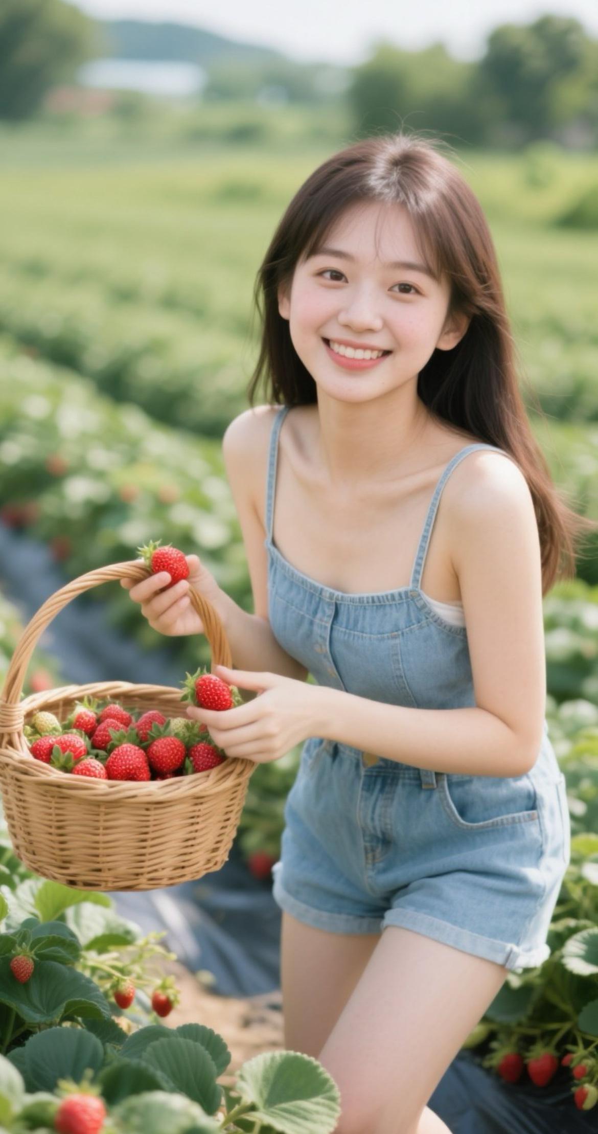 阳光明媚的草莓田里，甜美少女采摘新鲜草莓，笑靥如花！🍓🌞💛草莓 盛开的草莓