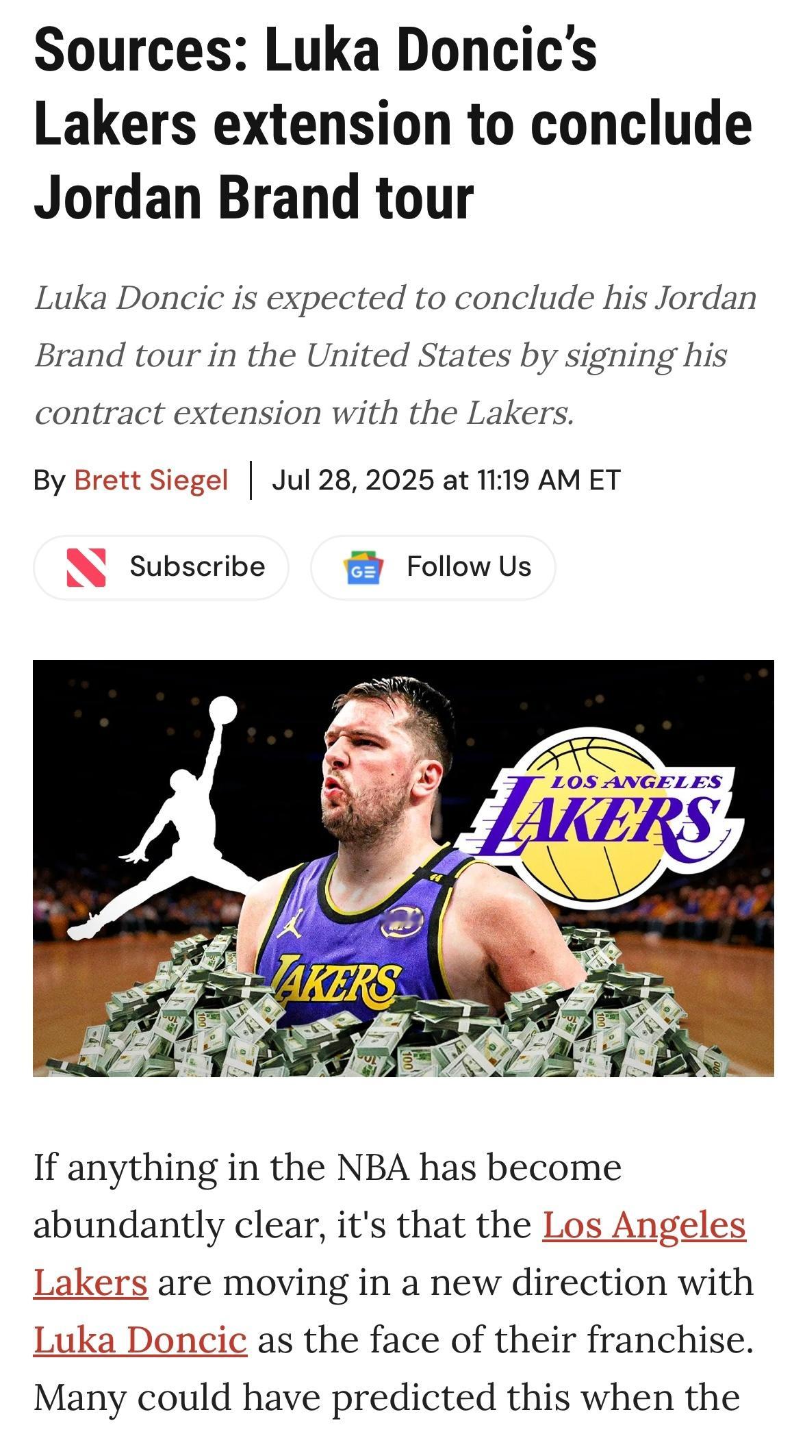 Brett Siegel：外界普遍预计东契奇回到洛杉矶后，将与佩林卡及湖人管理层