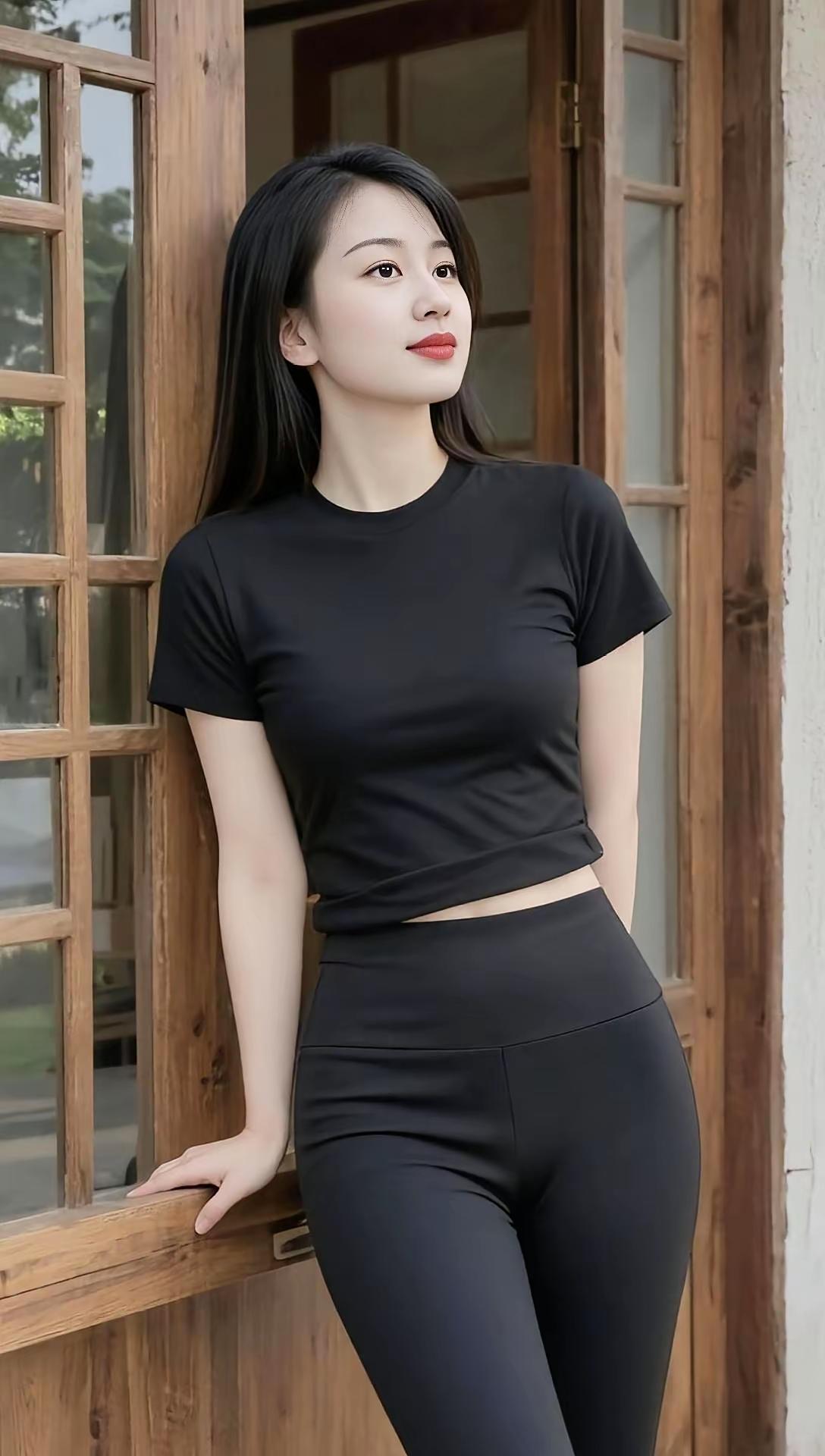 这位美女靠在窗边，穿着黑色紧身衣。