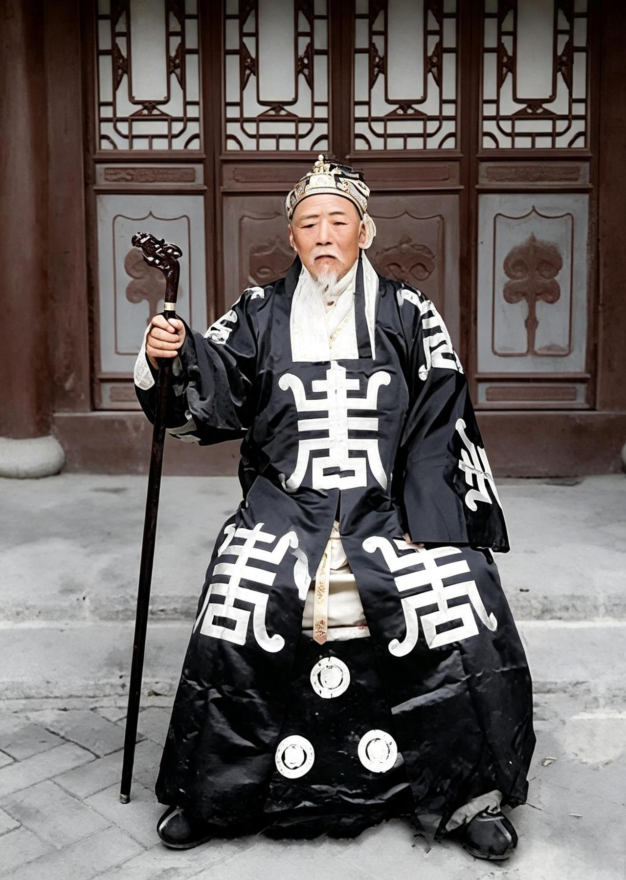 这位身穿寿字长袍，手持龙头拄杖的老人在当地的身份相当高。他是晚清至民国烟台奇山千