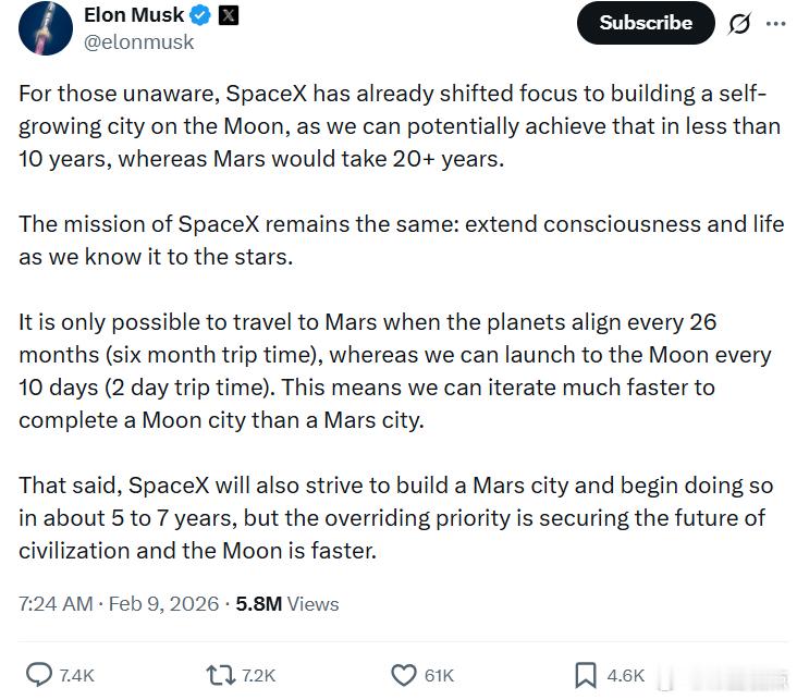 马斯克：很多人可能不知道，SpaceX 已经把战略重点转向在月球上建设一座“自我