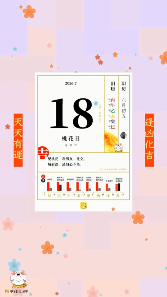 甲子日历 7 月 18 日，桃花日。见桃花，利男女、社交。📆🌸 星座人生