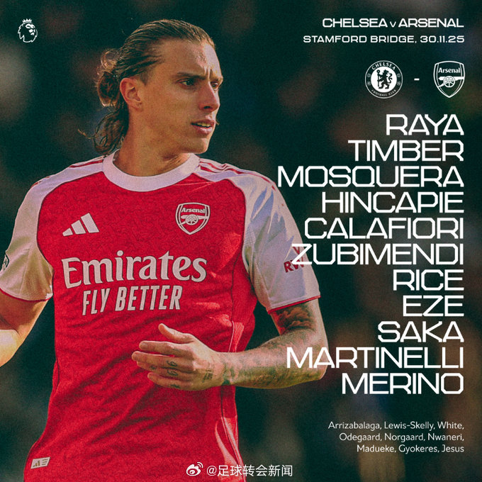 阿森纳首发：拉亚、廷贝尔、莫斯克拉、因卡皮耶、卡拉菲奥里、祖比门迪、赖斯、埃泽、