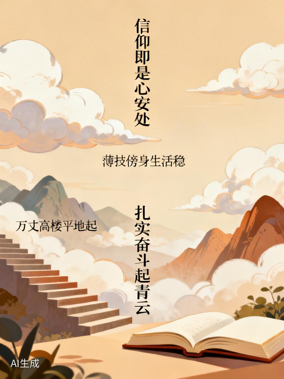 信仰即是心安处，
薄技傍身生活稳。
万丈高楼平地起，
扎实奋斗起青云。