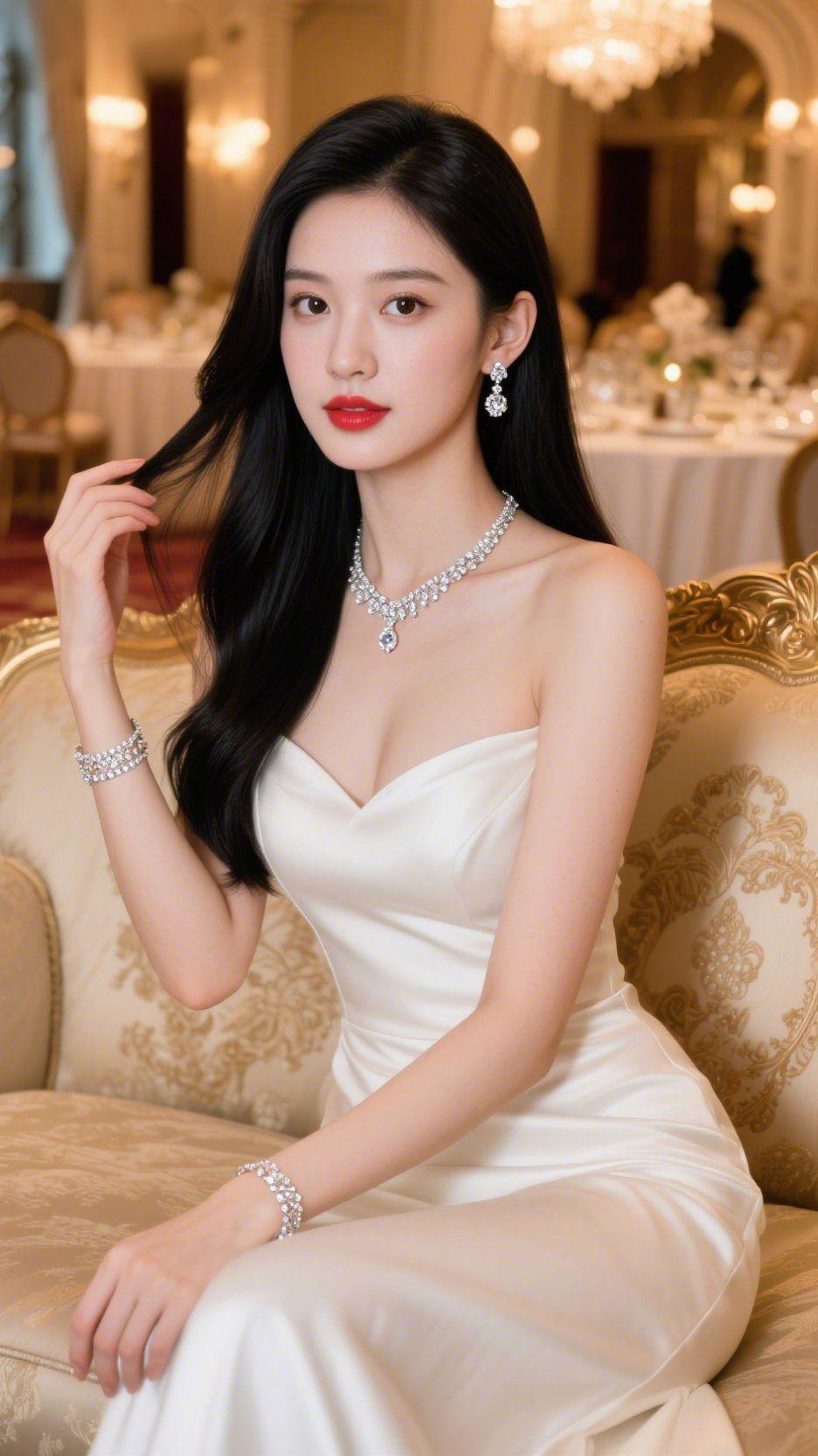 白裙凝雅宴厅光
 
鎏金雕花的宴厅里，水晶灯的光芒碎成万千星子，落在一袭白色抹胸