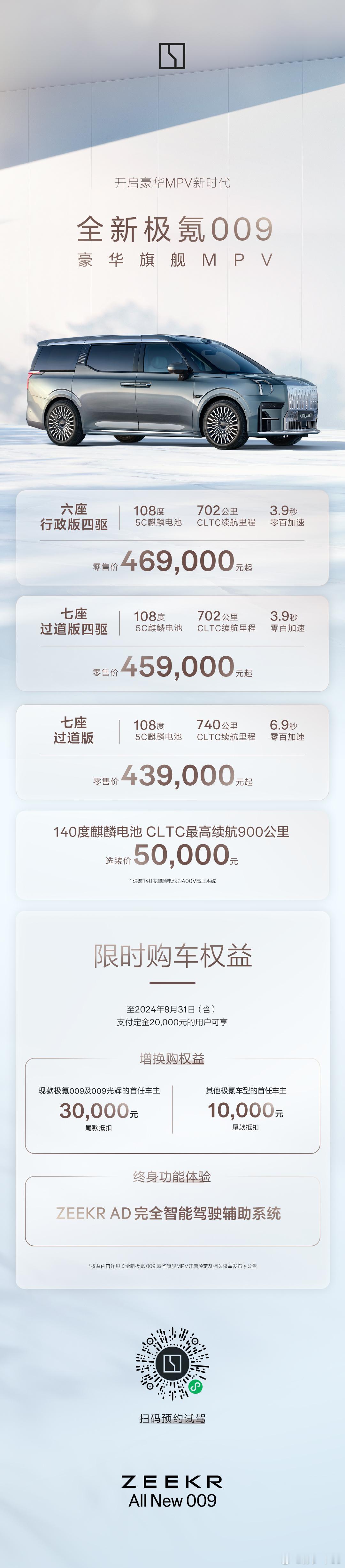 极氪009 起步售价 43.99万，除了顶配行政版，两个主销配置都变成7座过道了