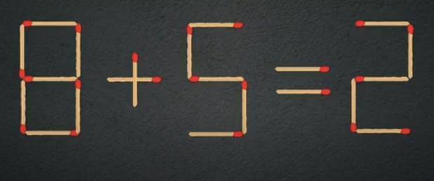 这是一道精巧的火柴棒谜题，当前等式 “8 + 5 = 2” 并不成立。现在，邀你