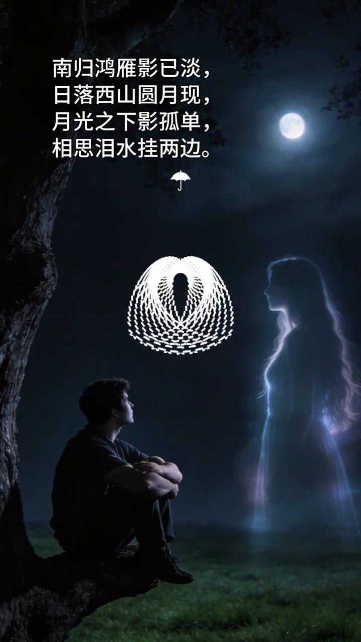 南归鸿雁影已淡，日落西山圆月现，月光之下影孤单，相思泪水挂两边。当爱情的风突然转
