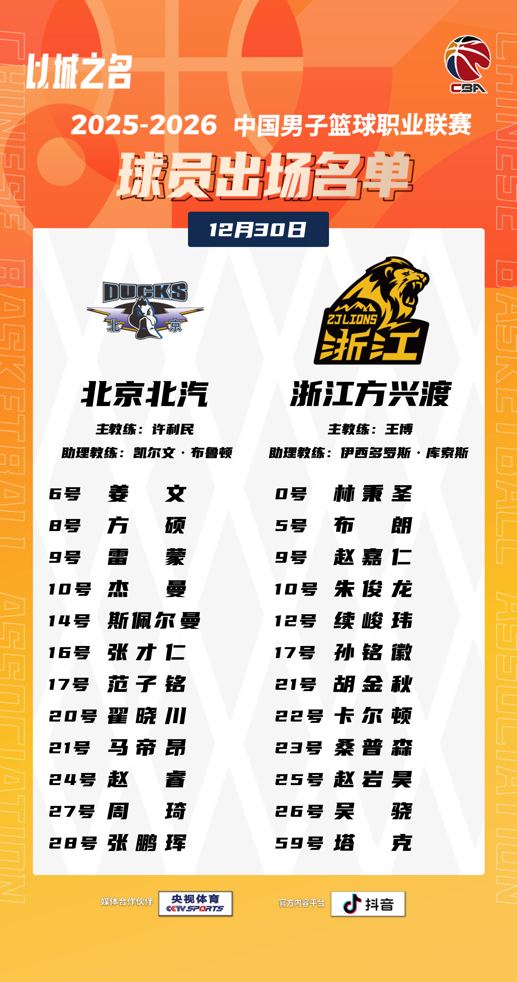 💙比赛日•赛前名单   京厦常规赛第一回合陈盈骏本场缺席，小曾继续不在名单周琦