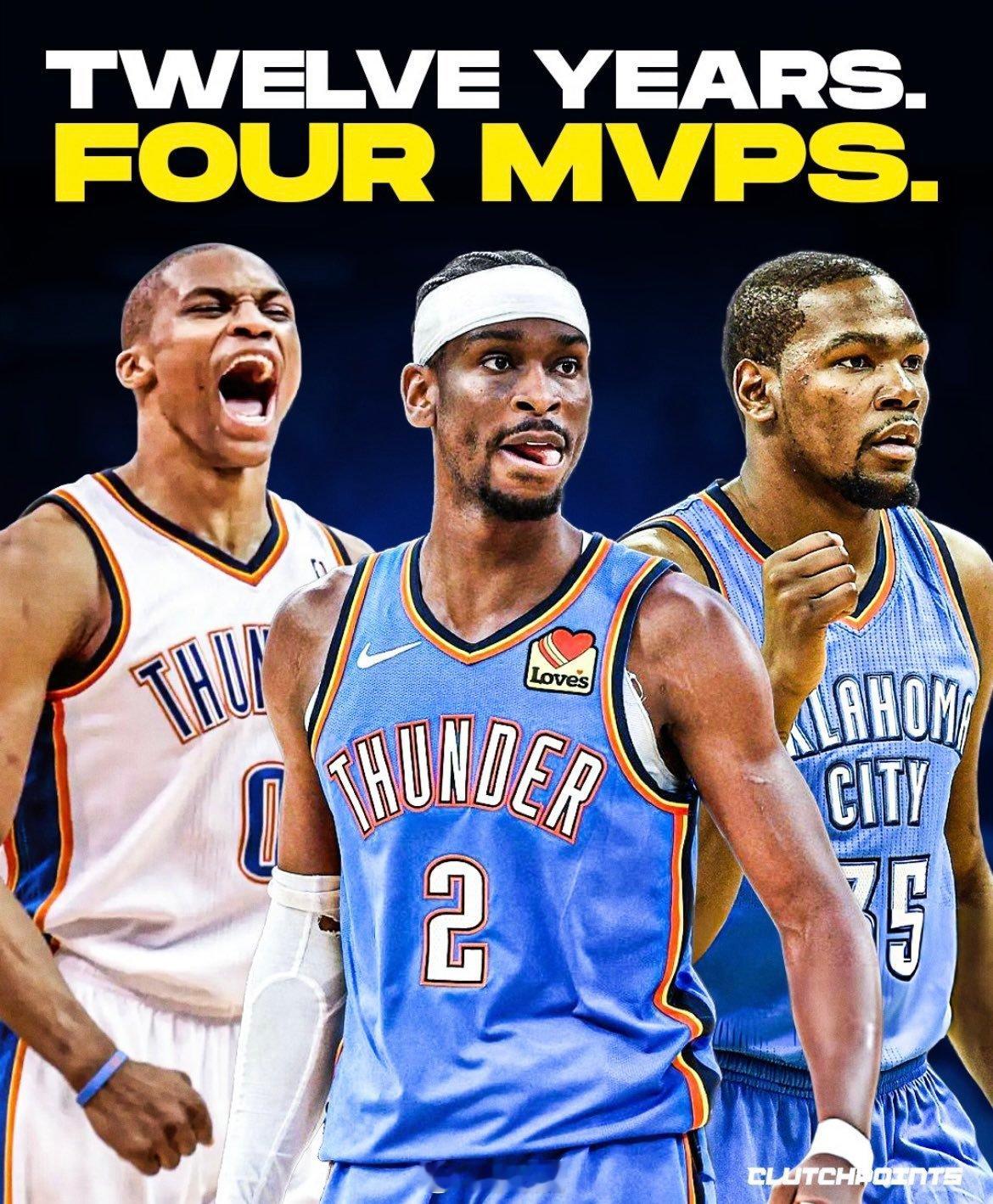 雷霆过去12年培养出4人次MVP，无队能及，史称雷管。