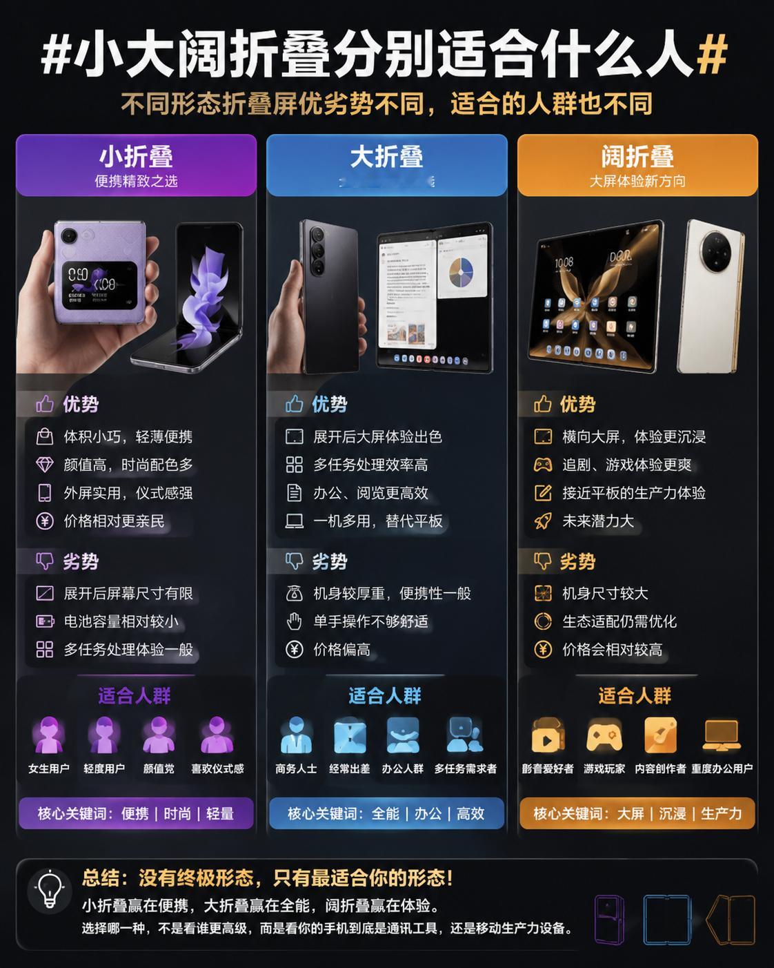 小大阔折叠分别适合什么人 折叠屏发展到今天，已经不是简单的展开更大这么一个卖点，