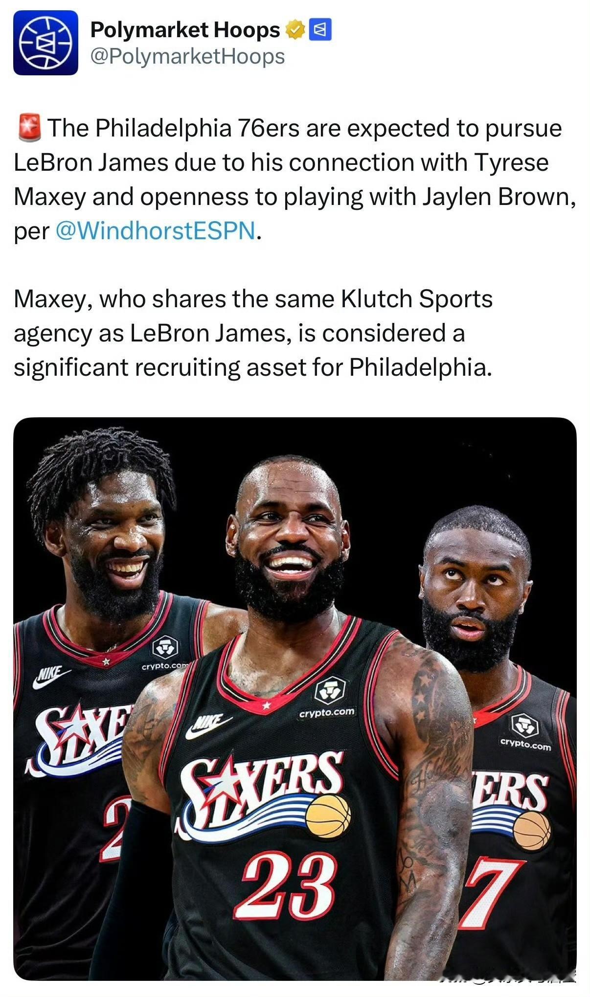 据ESPN记者温德霍斯特消息，费城76人队有意全力招募勒布朗·詹姆斯，一方面詹姆