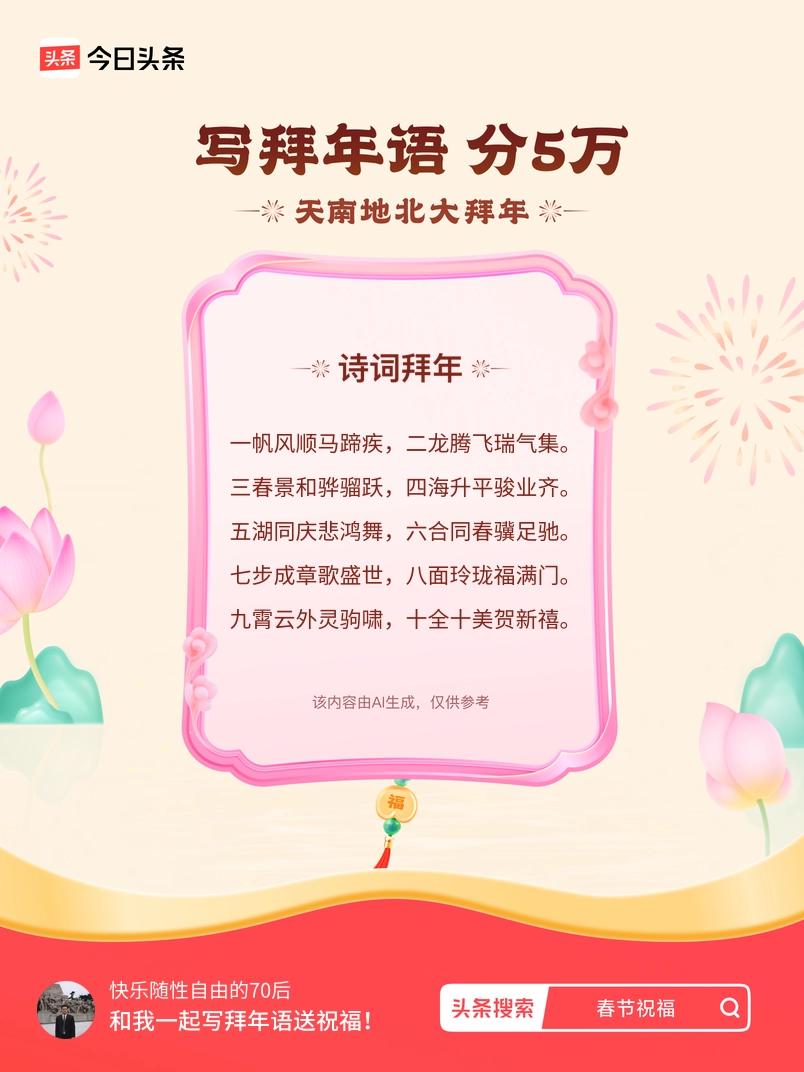 写拜年语送祝福新春拜年送祝福！我的祝福是：“一帆风顺马蹄疾，二龙腾飞瑞气集。三春