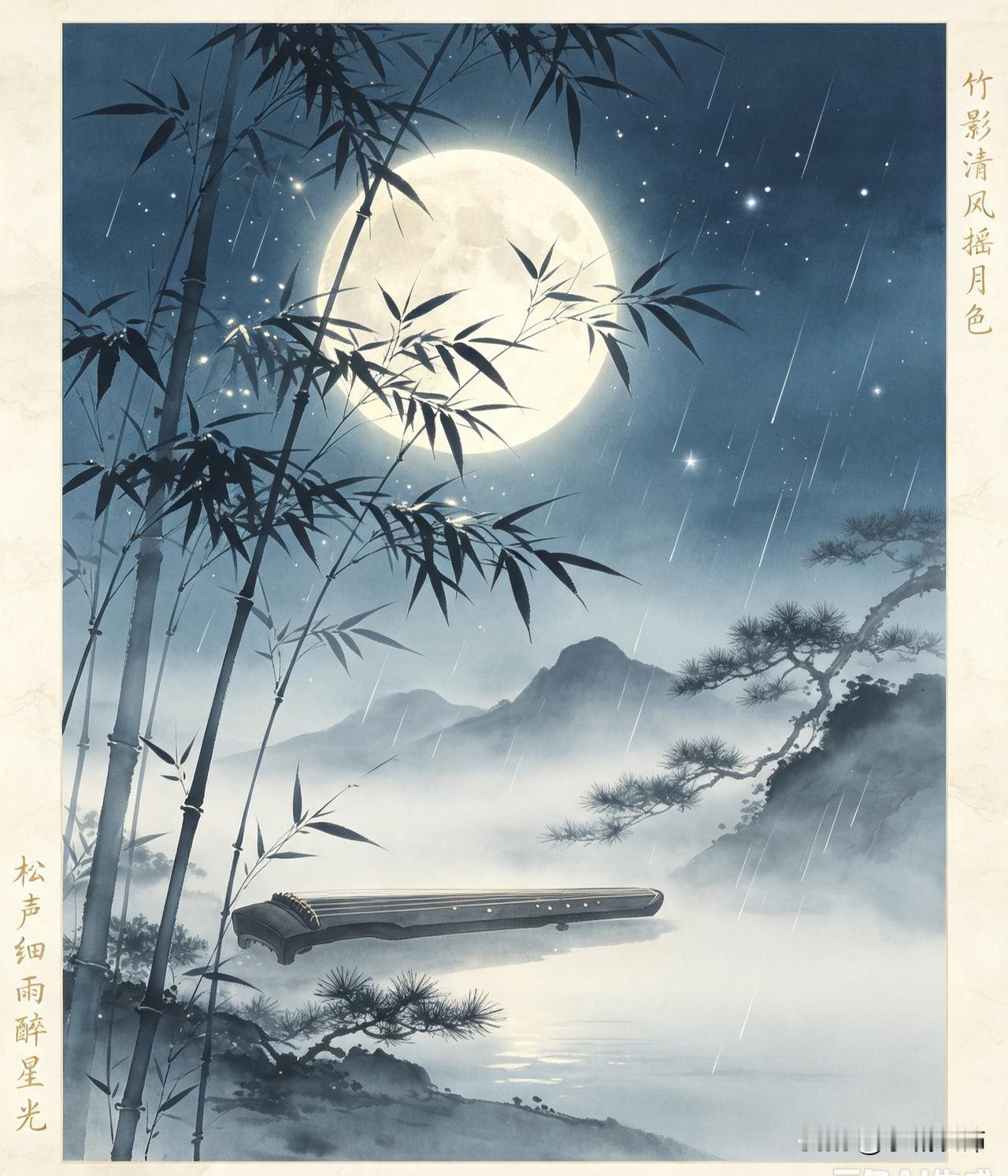 上联：竹影清风摇月色
下联：松声细雨醉星光