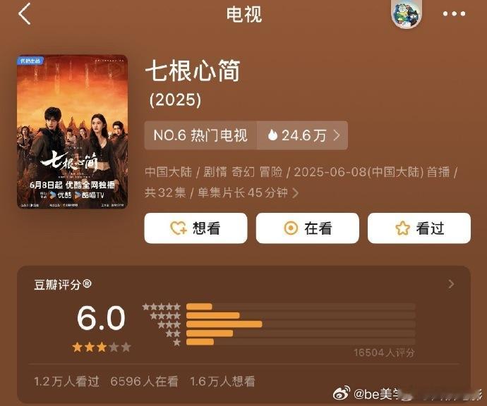 太意外！七根心简豆瓣开分6.0分，本以为会是高分奇幻剧，结果争议不断。剧中那诡谲