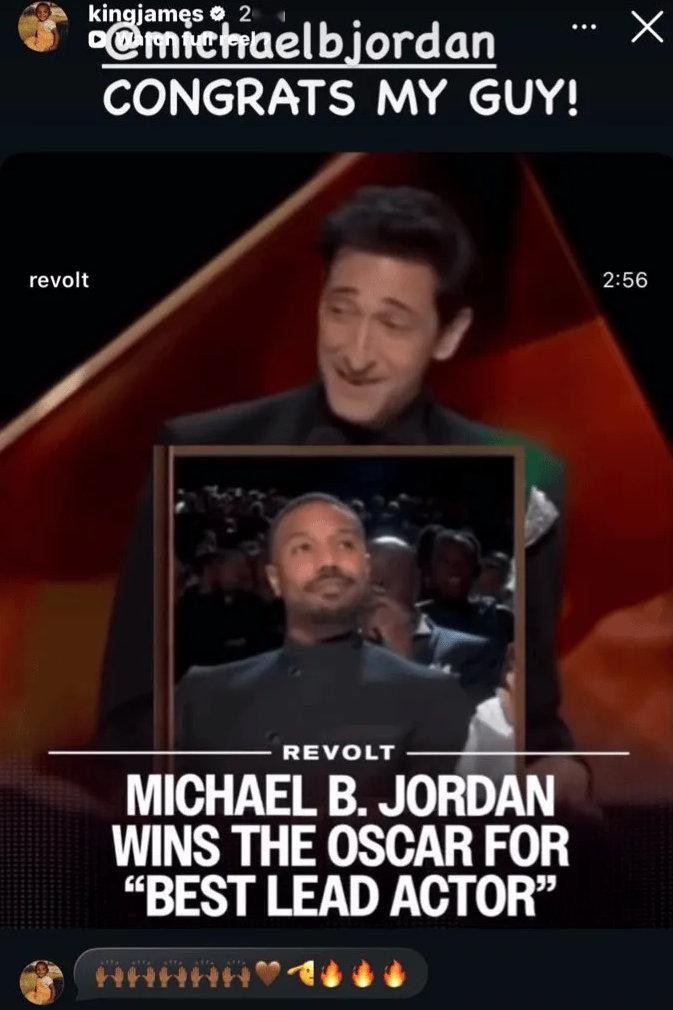 詹姆斯祝贺迈克尔-B-乔丹首获奥斯卡：恭喜我的兄弟！今日，湖人球员勒布朗-詹姆斯