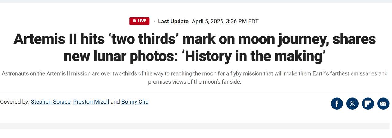 NASA的绕月飞船已“完成了”三分之二“的航程，宇航员分享月球照片

当地时间周