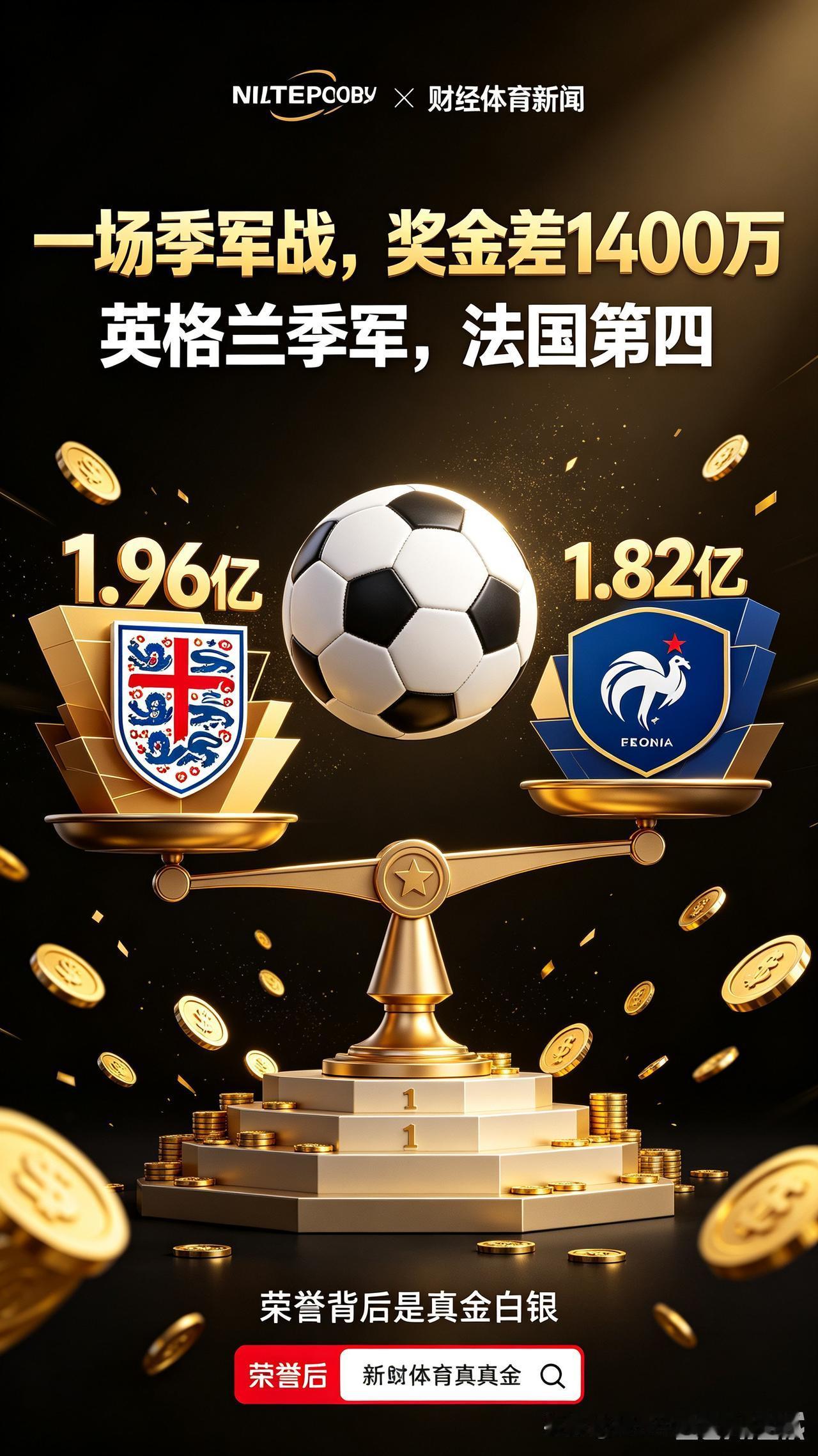 一场季军战分出巨大差距，英格兰拿下季军拿到1.96亿奖金，位列第四的法国收获1.