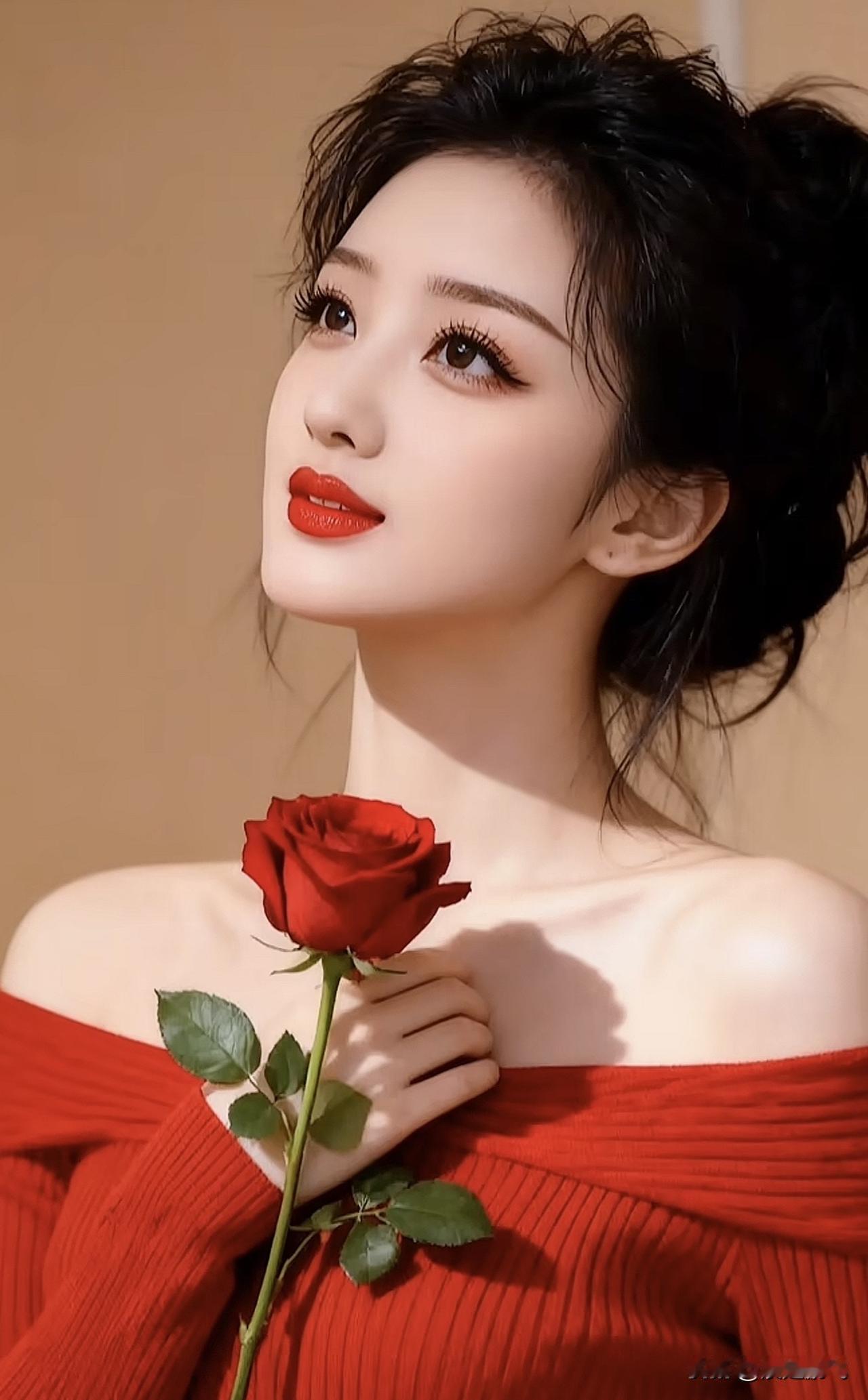 红衣美人倚，玫瑰映芳姿。玫瑰红装美女 玫瑰花美人照 红衫美人 玫瑰花美人照 红衫