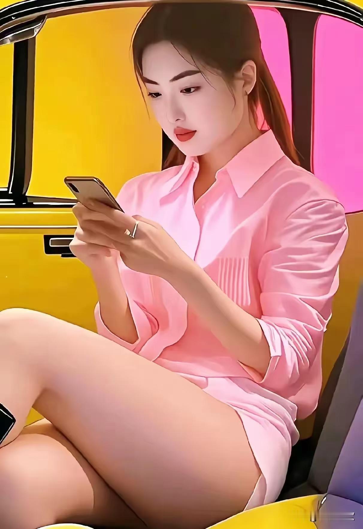 少女静坐黄色小车中，垂眸低头轻看手机，柔和漫射柔光环绕，画面清新治愈，清甜氛围感