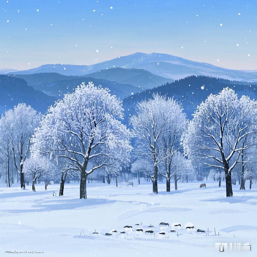 雪后的世界像被裹进了纯白的绒毯，天地间褪去所有杂色，只剩一片清透的白。远山隐在薄