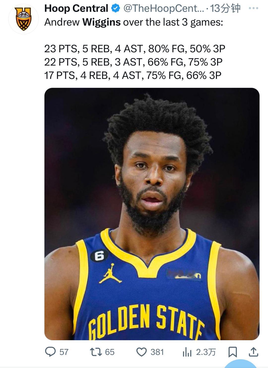 维金斯最近三场稍微有点起色了[心]#转发接龙开新年##金州勇士[超话]# ​​​