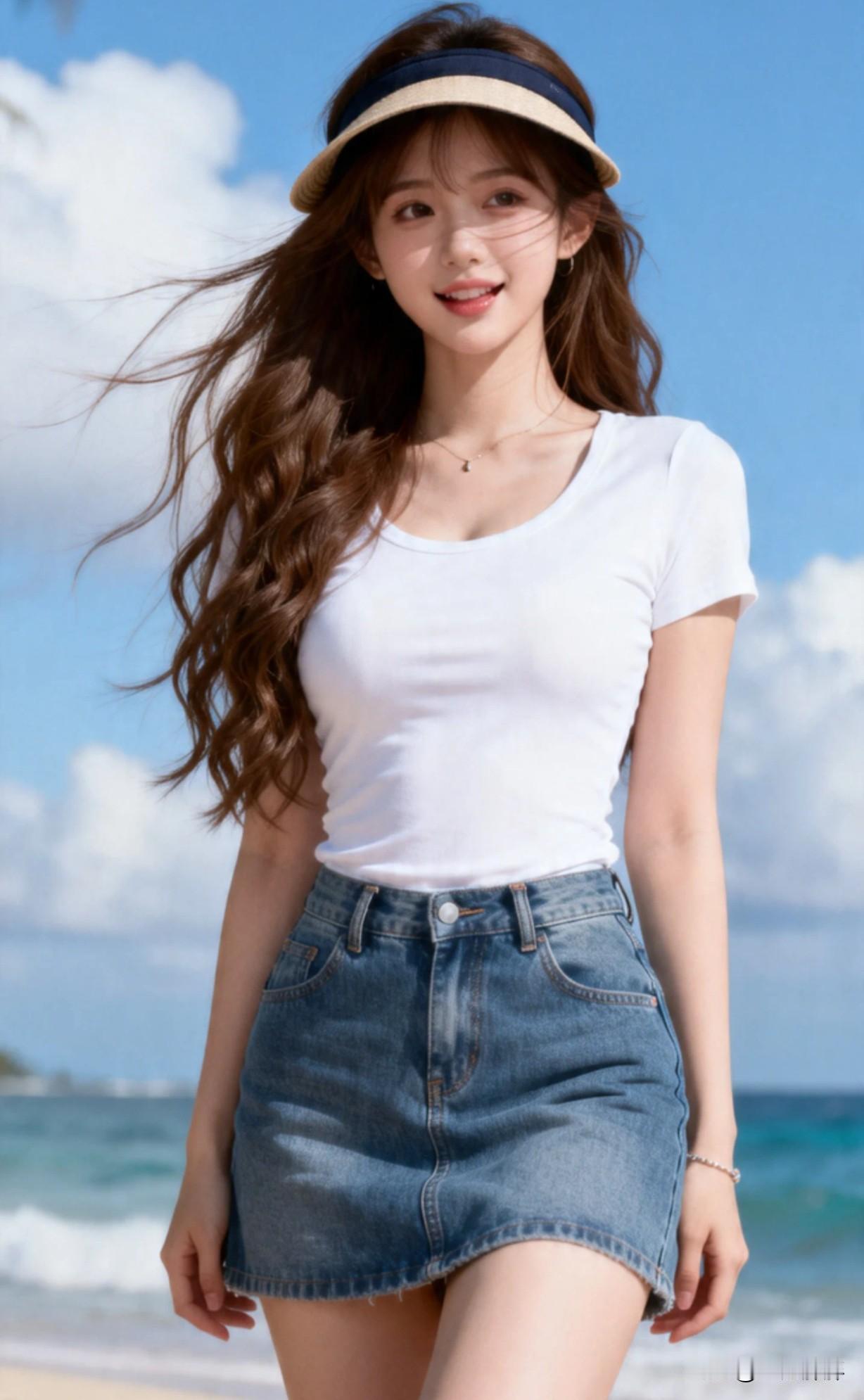夏日海滩穿搭指南：清爽白T恤+牛仔短裙，轻松自在！🌞👗🏖️她的这一身打扮适