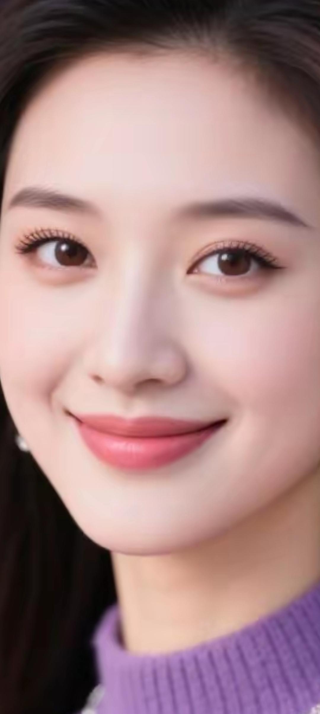 甜美微笑，温柔可人，紫色毛衣搭配完美！😊💖✨