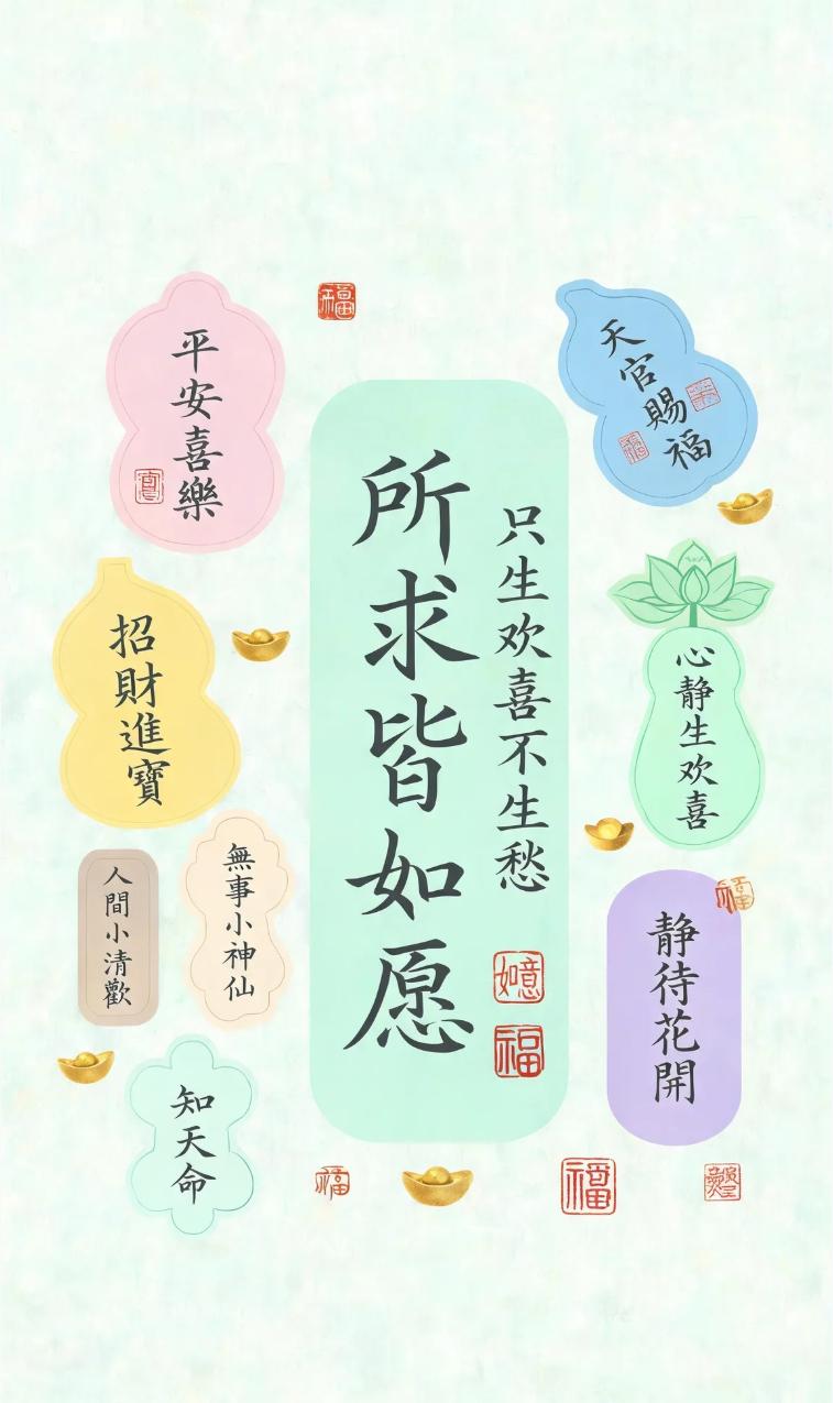 所求皆如愿，平安喜乐，招财进宝，心静生欢喜，静待花开。