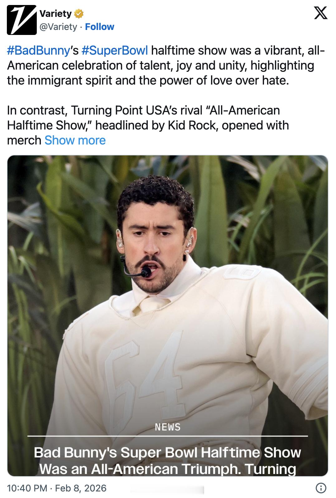 <综艺>锐评：Bad Bunny 的超级碗中场秀是一场充满活力的、真正"美国式"
