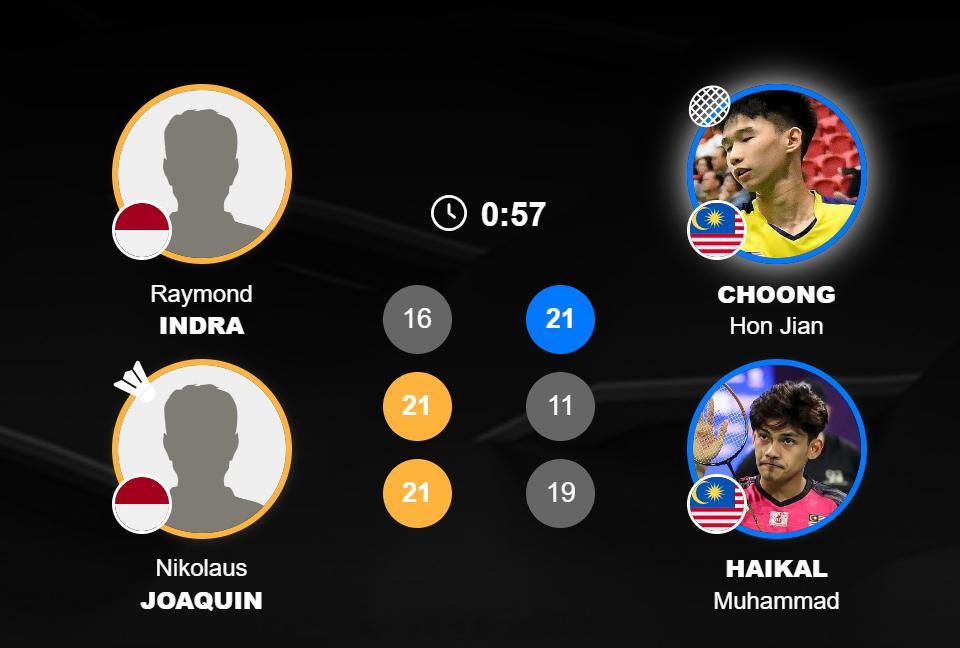 男团 D组 印尼 2-2 马来西亚男单 乌拜迪拉 16-21 19-21 贺首维