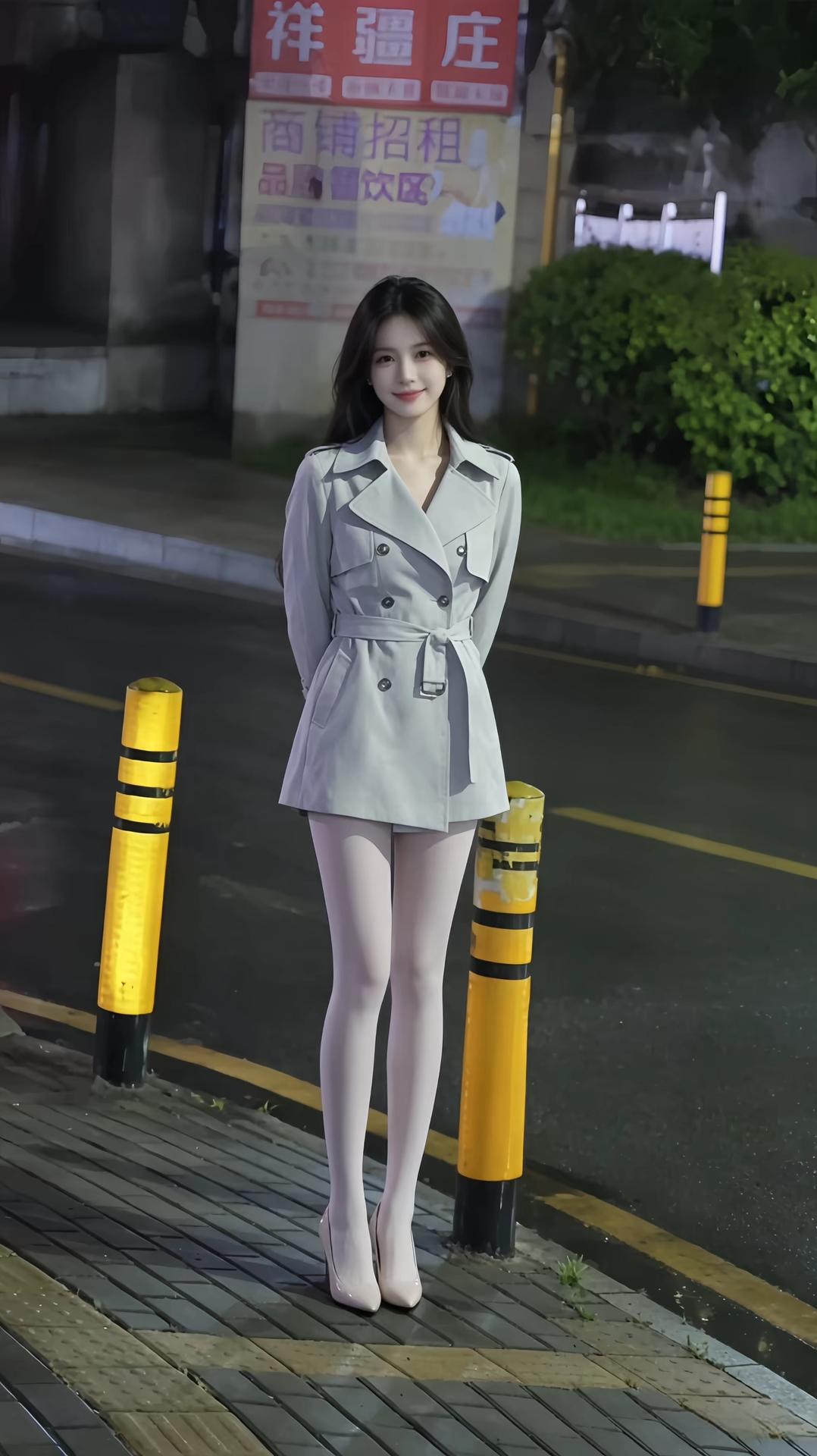 她身着一件浅灰色短款风衣，利落的翻领与收腰系带设计，勾勒出纤细的腰肢，衣摆恰好停