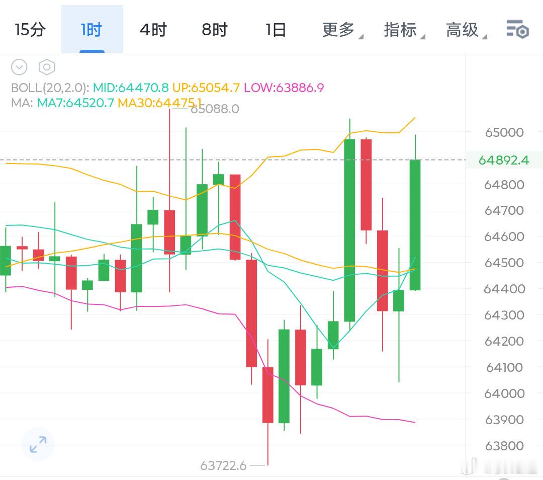 今天整体来看，大饼的波动并不大，上方65088顶，下方63720的低，整个震荡区