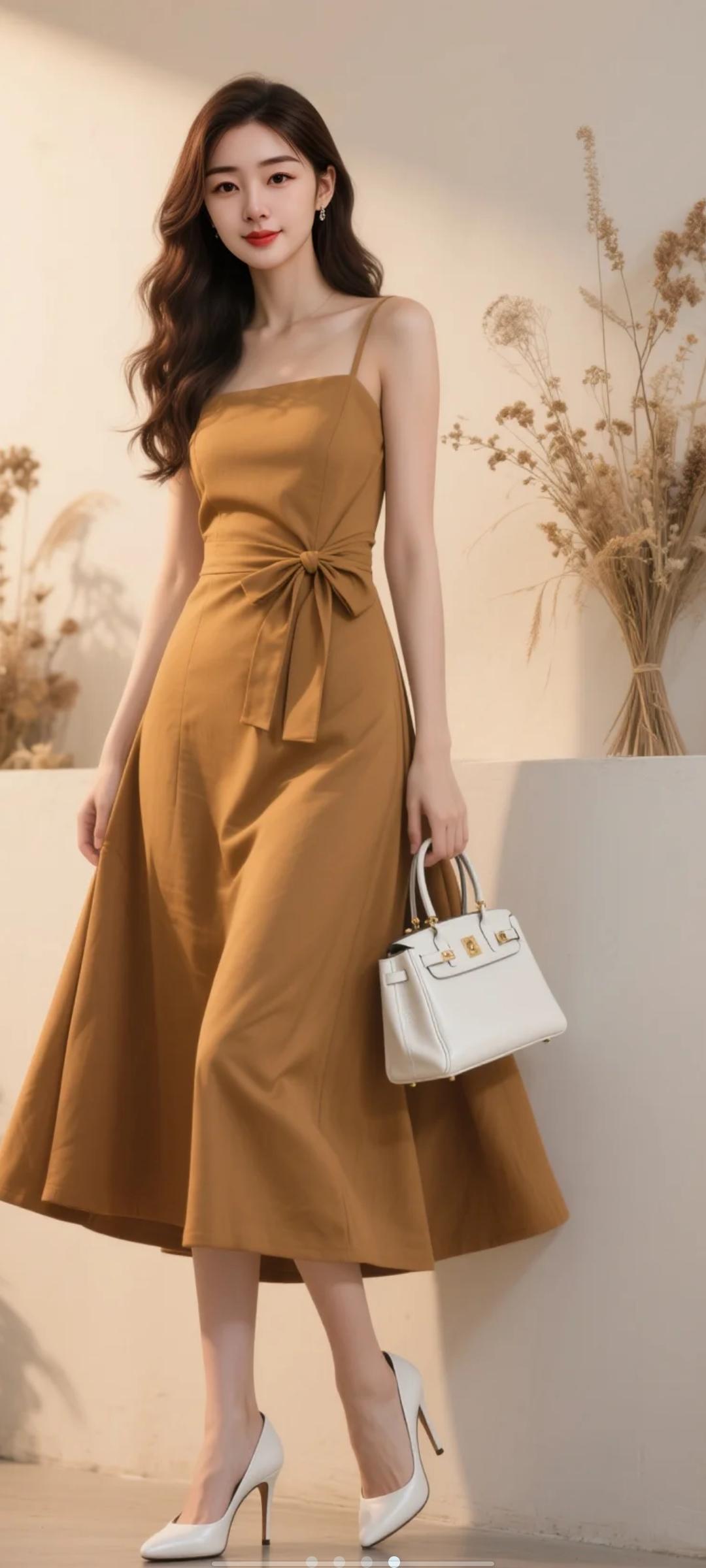 优雅复古风，棕色连衣裙搭配白色手袋，尽显女性魅力！👗👜💃