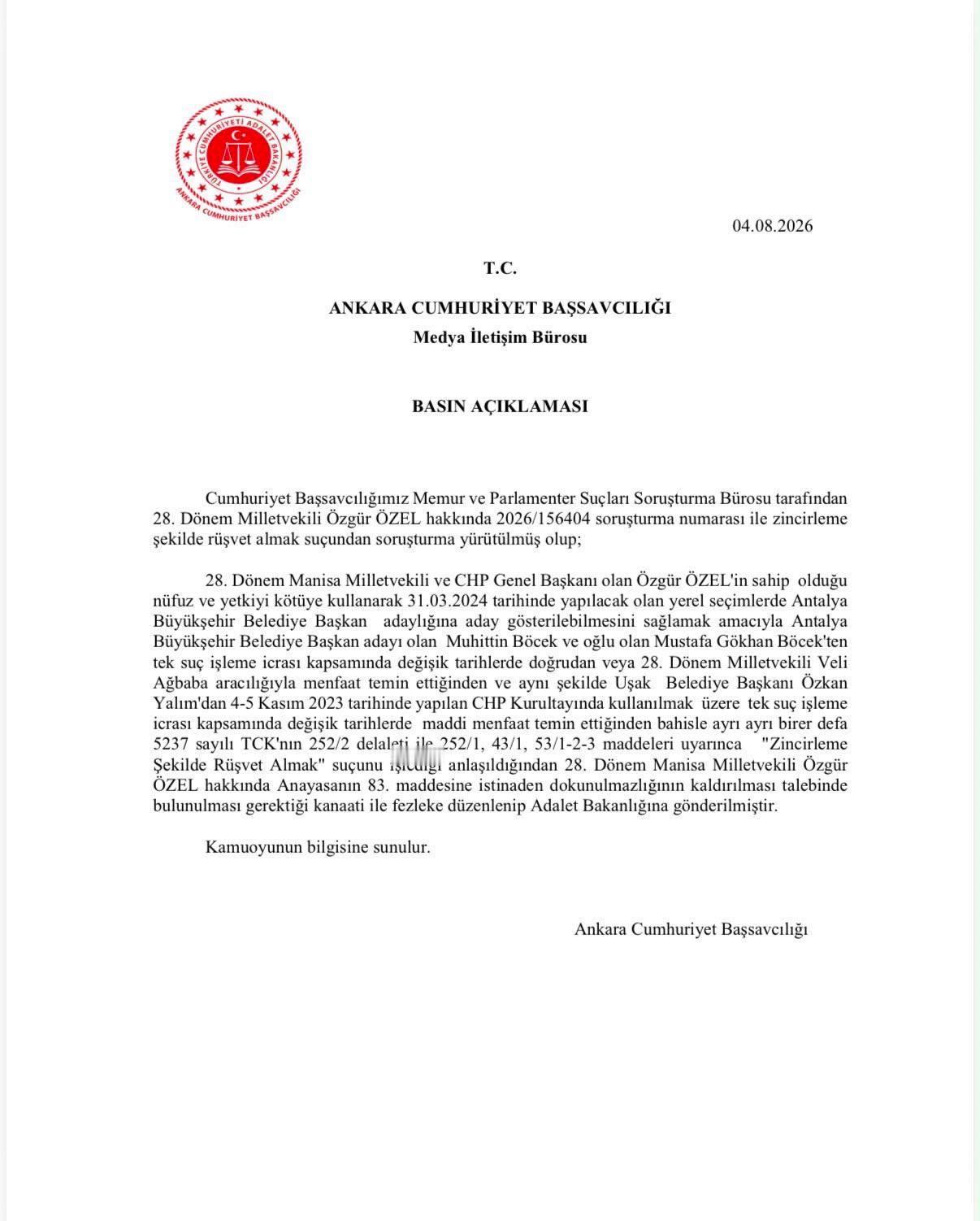 🇹🇷❗突发！安卡拉首席检察院已针对土耳其“新党”主席、原共和人民党主席厄兹居