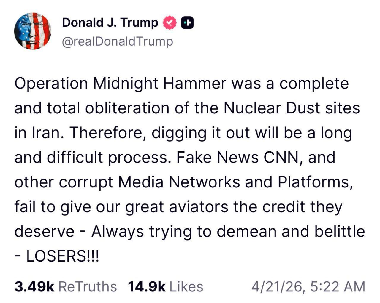 特朗普在真实社交平台发文：“午夜铁锤”行动彻底摧毁了伊朗的核尘相关设施。因此，清