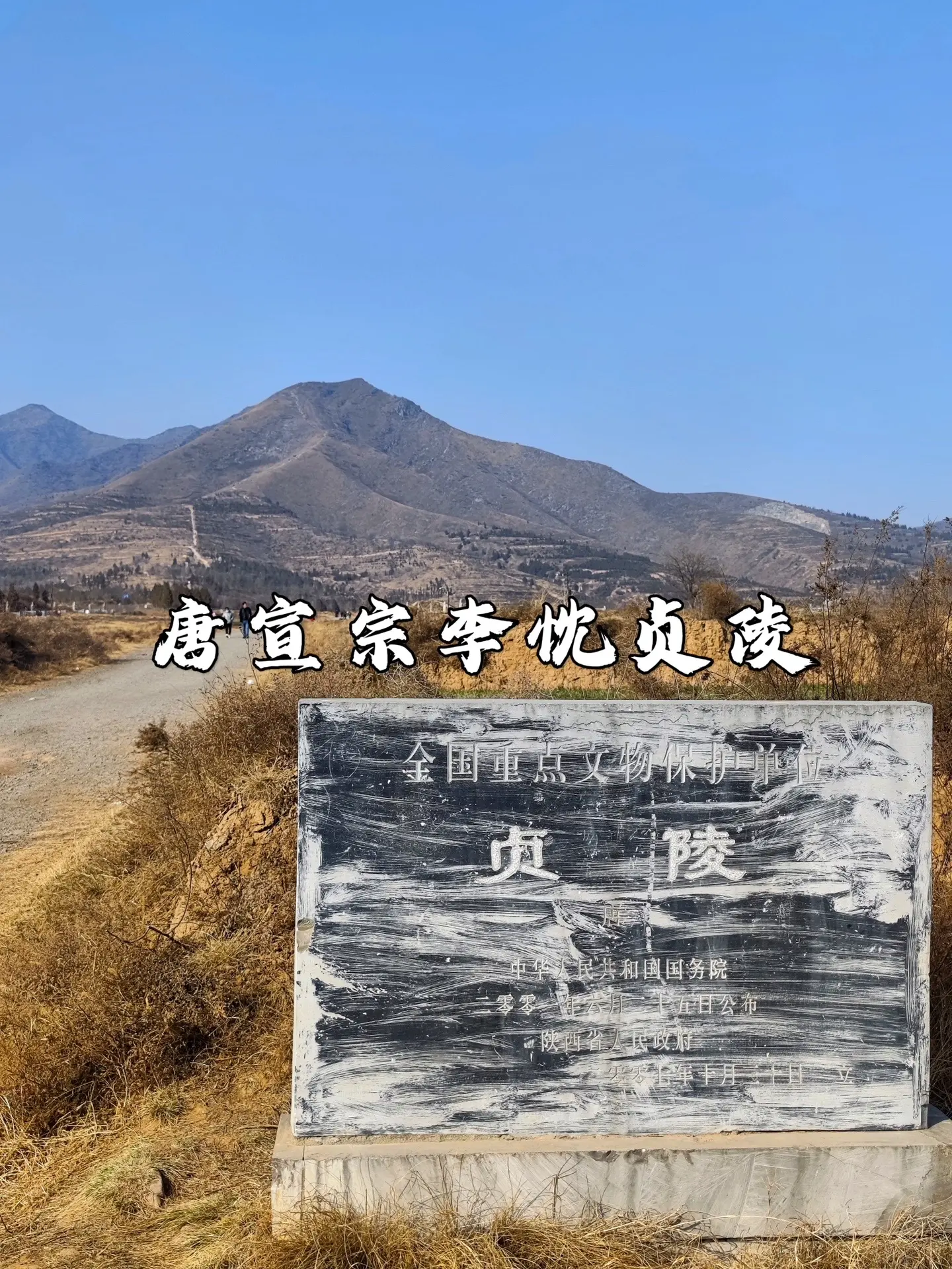 唐宣宗李忱贞陵。贞陵，陕西关中唐十八陵之一，位于陕西省咸阳市泾阳县兴隆镇北仲山，是唐朝第十七位皇帝宣宗李忱的陵寝。 
贞陵因山为陵，陵园东、西二神门外两对阙址分别位于仲山东西两座山的峰颠之上，形势壮观。其东、西、北三面群山环绕，东傍冶峪河，西邻泾河，东南距德宗崇陵20多千米，范围跨泾阳、淳化两县。陵区面积同于太宗昭陵，史载“封内一百二十里”。是唐十八陵中最大者之一，也是晚唐帝陵的代表。 
在陵园石刻方面，内城白虎门外的蹲狮，雄踞于门阙之外的山梁上，距白虎门325米。各类石刻的形制与组合、虽然遵从了此前的泰、建、崇、庄等帝陵，但形体已见差小，雕工拙朴、粗疏。特别是司马道两侧的石人像，既无中唐帝陵精细圆和的资质，也没有盛唐帝陵粗壮魁梧的气势，更没有初唐帝陵古朴新奇的风格，反映了唐王朝政权根基溃败，国势衰竭的景象，成为亡国前夕窘迫荒凉的写照。