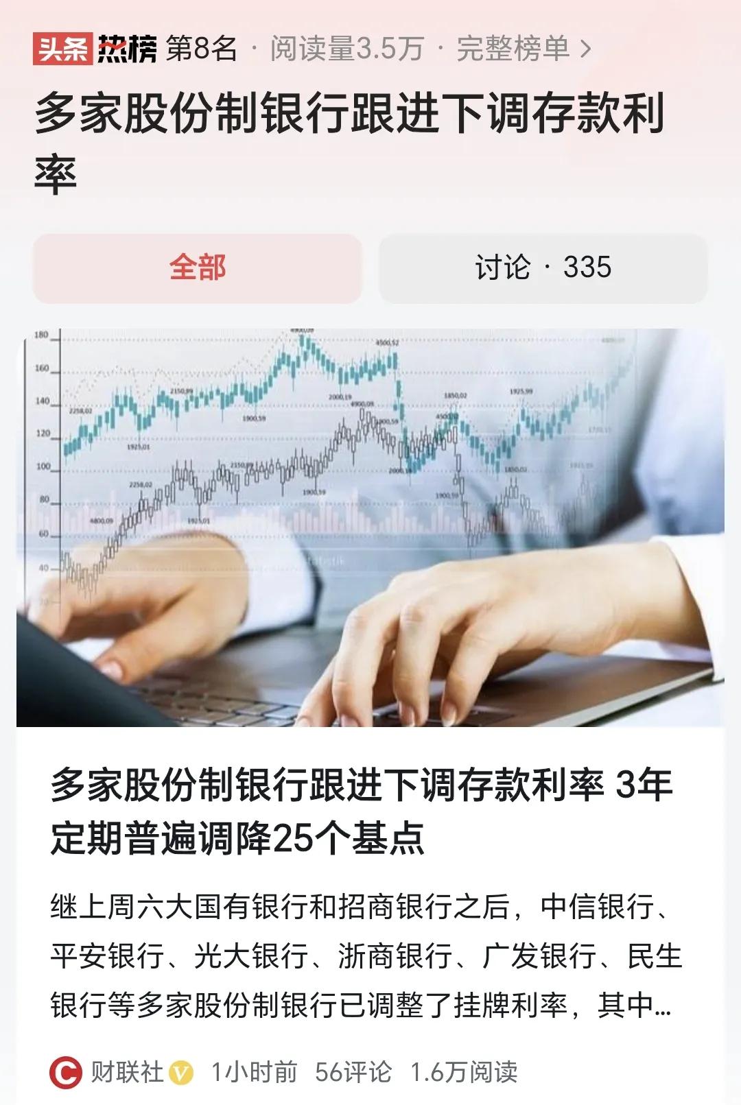 #多家股份制银行跟进下调存款利率#  六大国有银行下调存款利率后，多家股份制银行