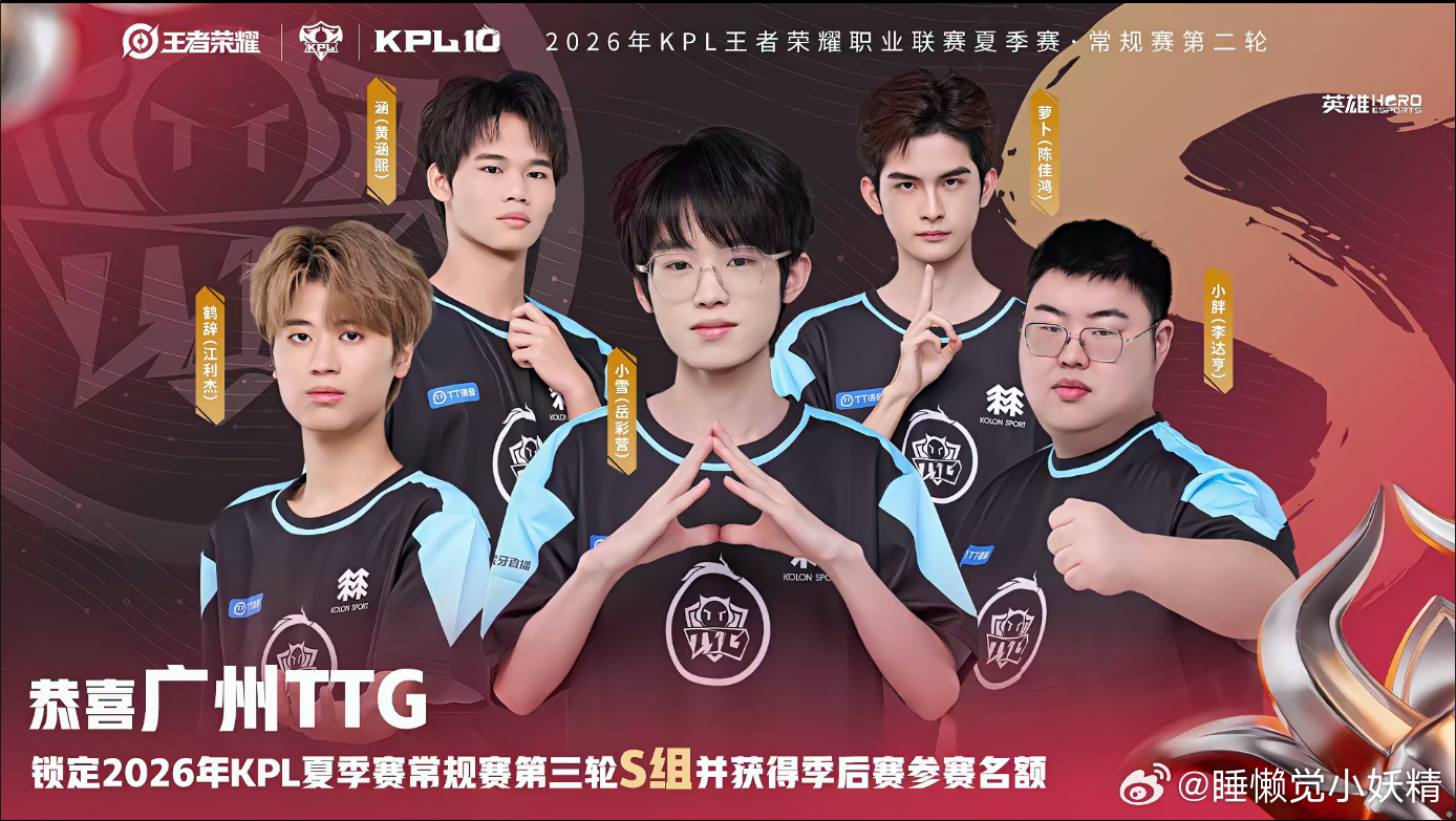 KPLTTG锁第三轮S组恭喜TTG锁定第三轮S组，希望TTG继续发挥。 