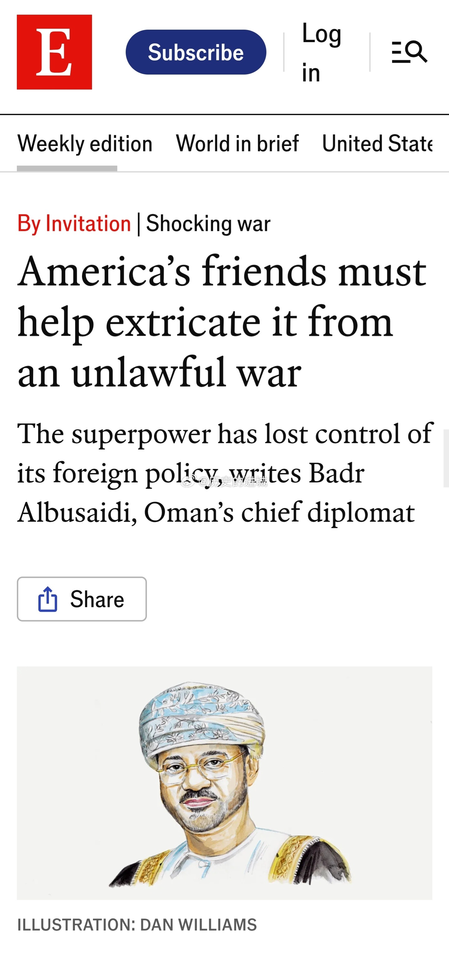 伊朗外长回应美2000亿美元战争拨款阿曼外交大臣作为之前美伊之间的中间人，在《经