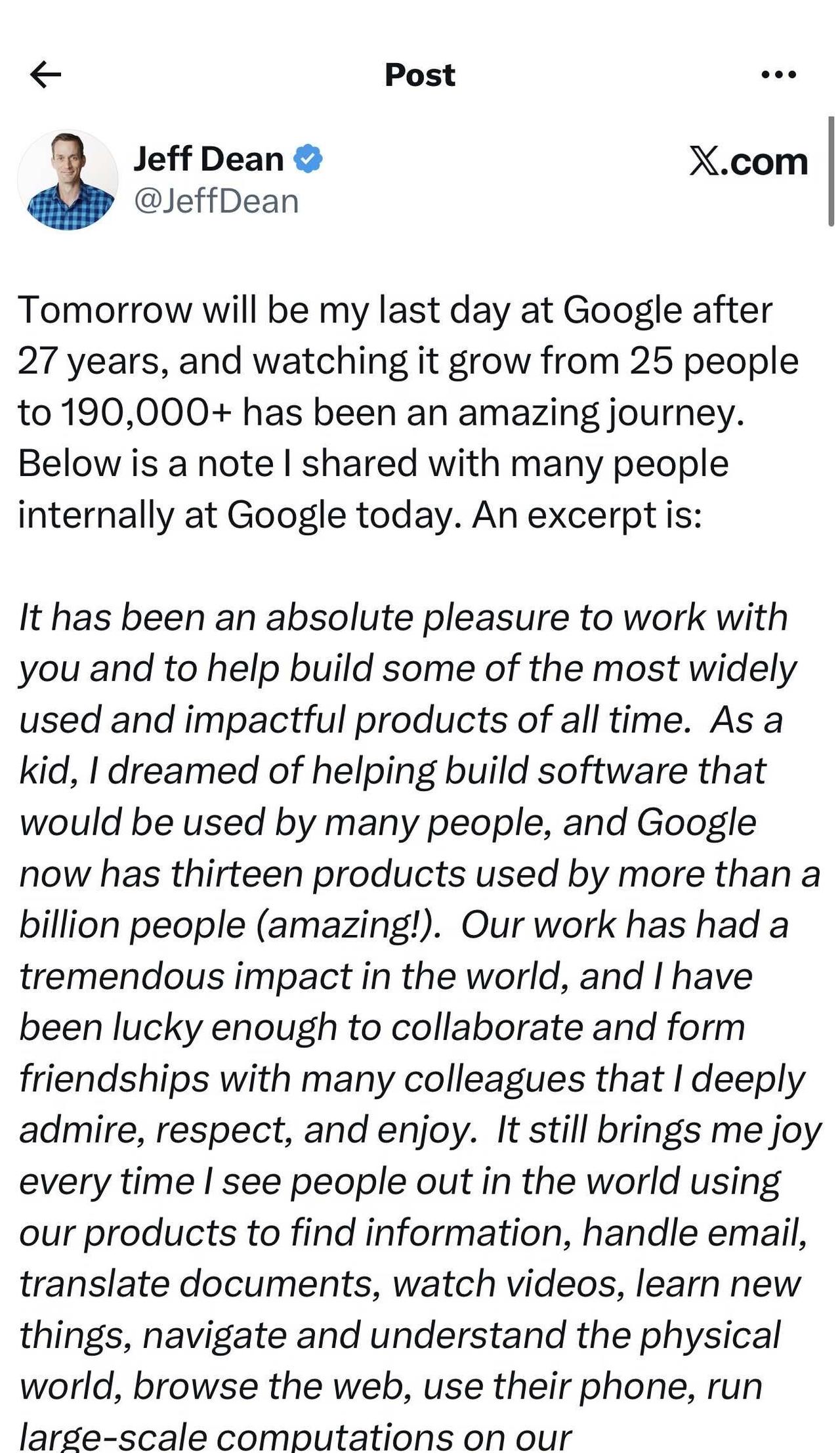 Jeff Dean 离开 Google 了，27 年
今天看到消息还是愣了一下。