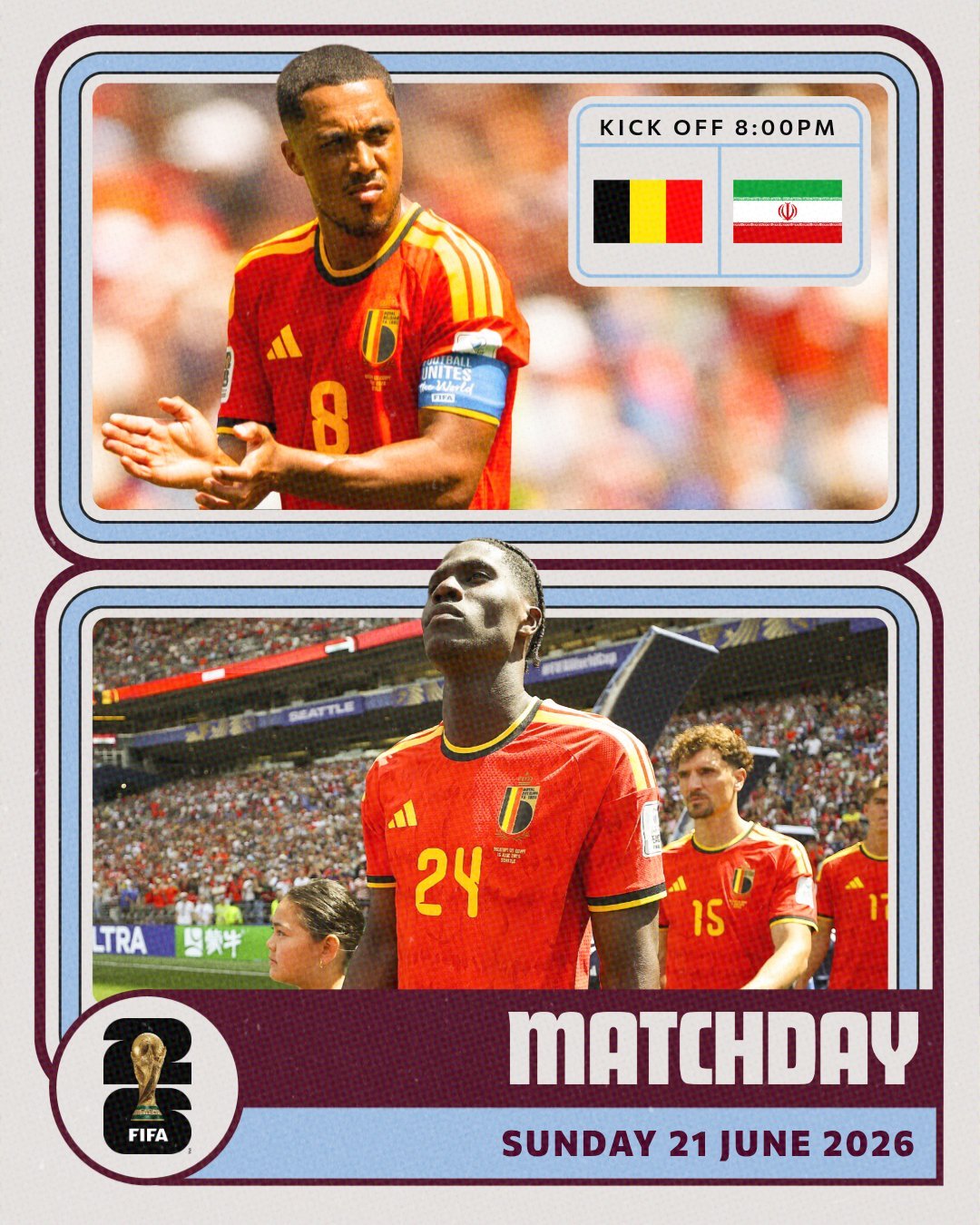 🦁️维拉人国际比赛预告：奥纳纳、蒂勒曼斯🇧🇪比利时vs伊朗北京时间6月22