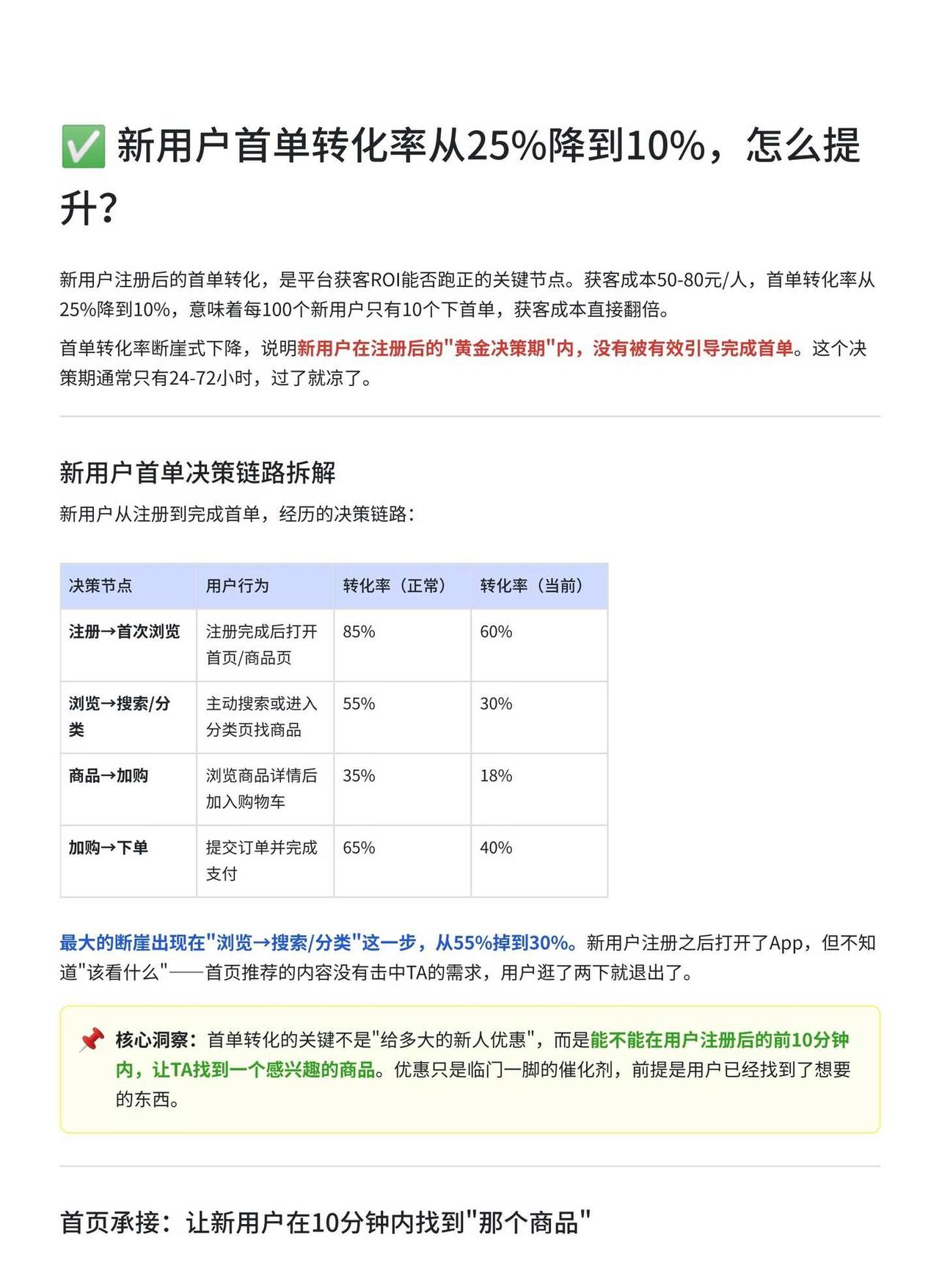 ✅ 新用户首单转化率从25%降到10%，怎么提
新用户注册后的首单转化，是平台获