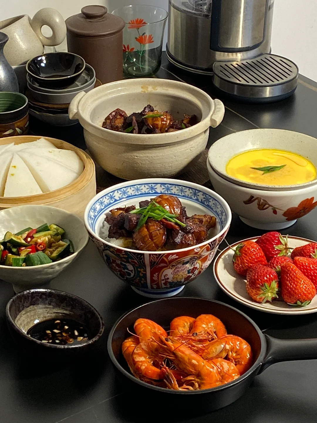 今日食谱📜 鲍鱼红烧肉 水蒸蛋 白灼虾🥢