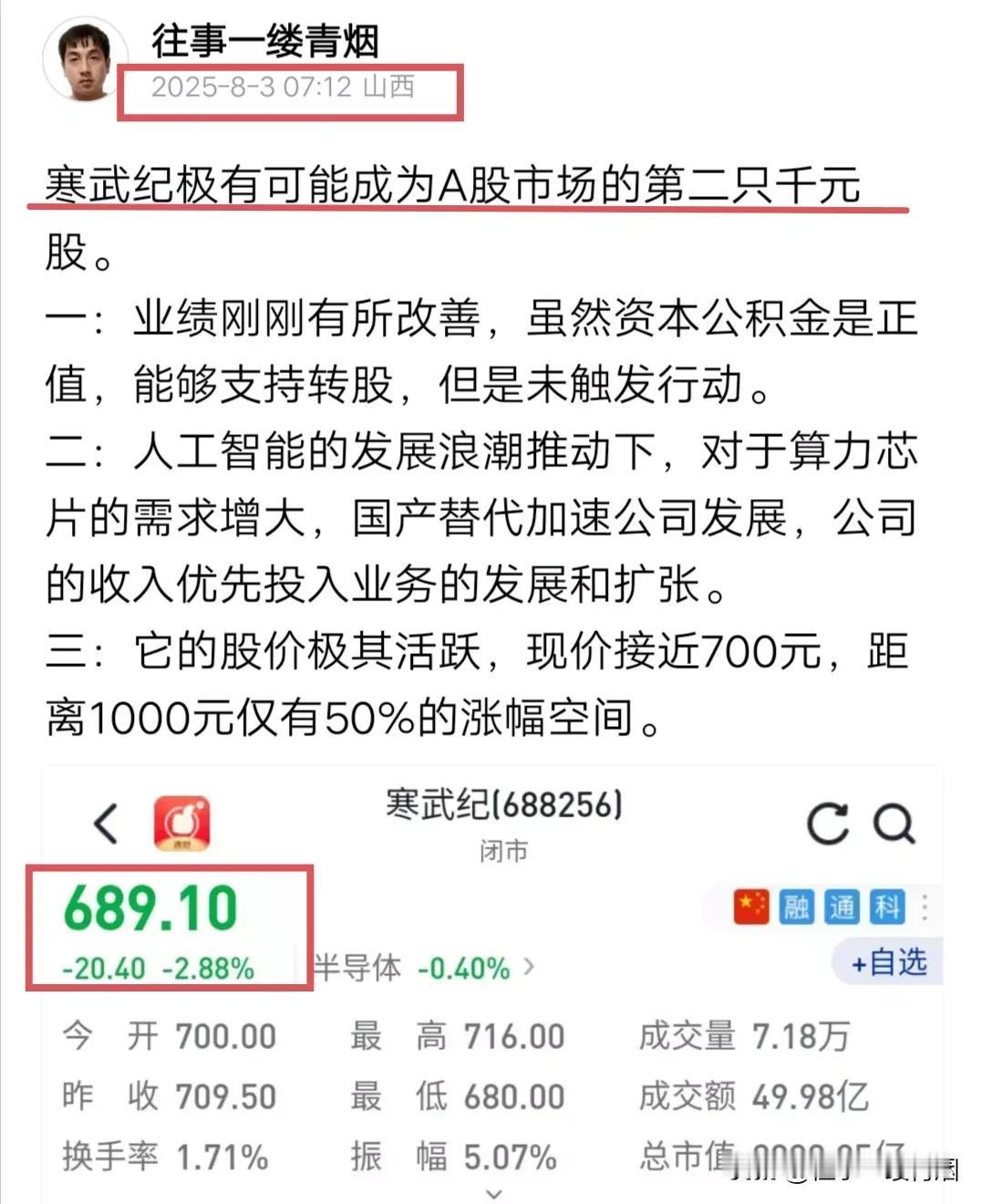 寒武纪年底前要登顶股王，科技是第一生产力即将在A股市场具象化。
我早在月初的时候