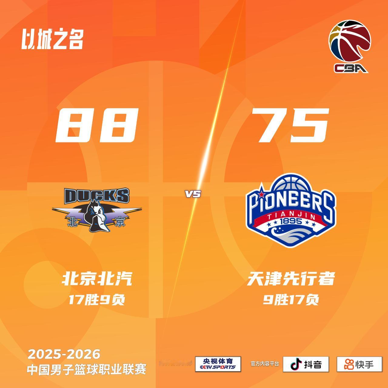 北京北汽 88-75 天津先行者北京男篮vs天津男篮
北京北汽：周琦23分13篮