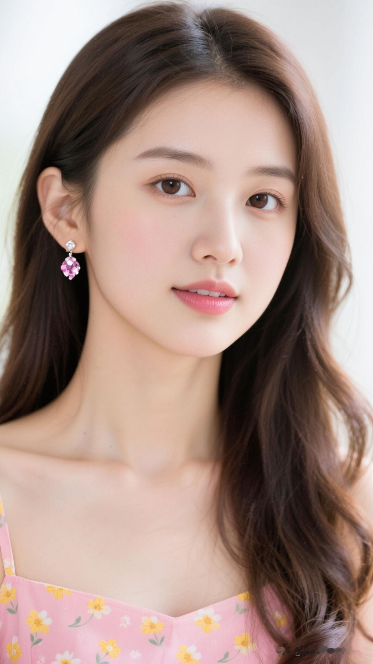 🌸 粉纱裁作春的云，牡丹在襟间绽成诗，珠耳坠曳着光，一笑，浪漫便有了具象形状。